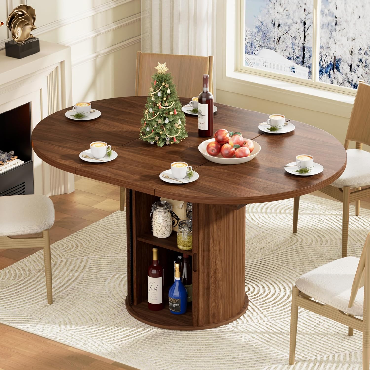 40-55in Expandable Round Dining Table for 4–6, Modern Walnut Oval Dining Table, Kitchen Table with Removable Leaves Space Saving, Multi-Use Table for Dining Room,Apartment or Meeting Room