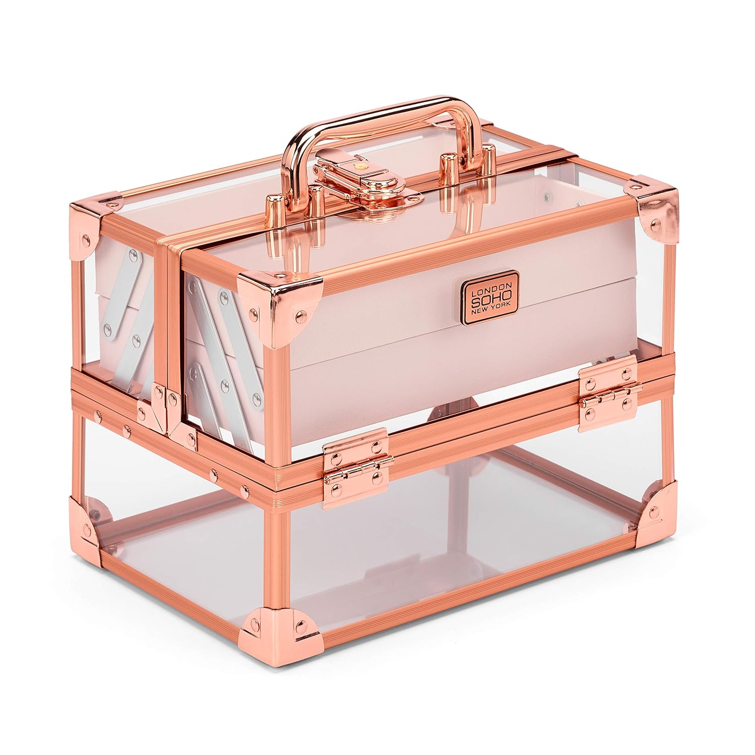 London SOHO New York Hard Case Cosmetic Organizer with Expandable Shelves, a Top Handle and Locking Latch in Clear Acrylic with Rose Gold Trim and Hardware : Beauty & Personal Care