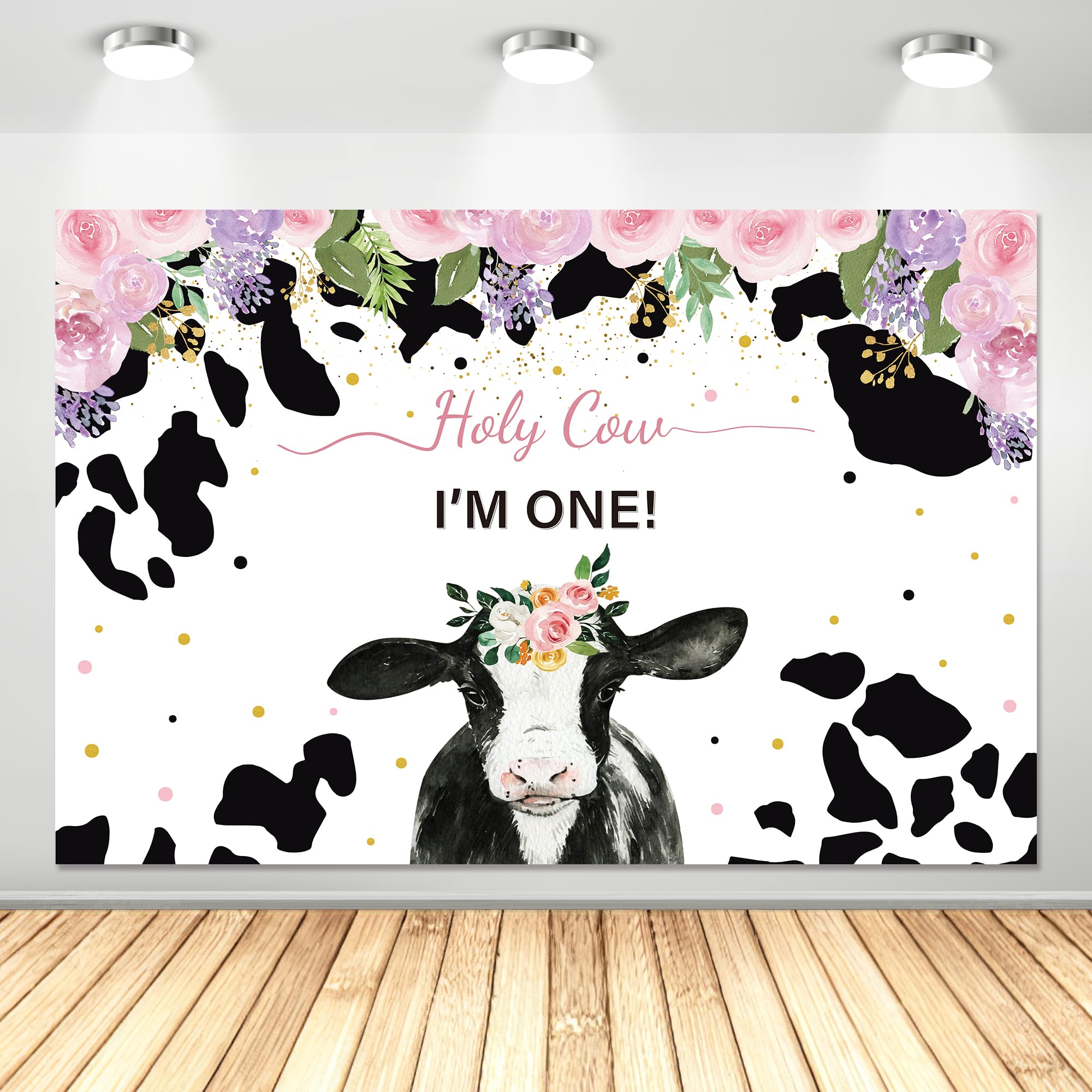APOWBLSHoly Cow I'm One Birthday Backdrop Decorations, Cow Print First Birthday Party Background Banner Supplies, Cow Theme 1st Birthday Party Decorations | 5x3ft