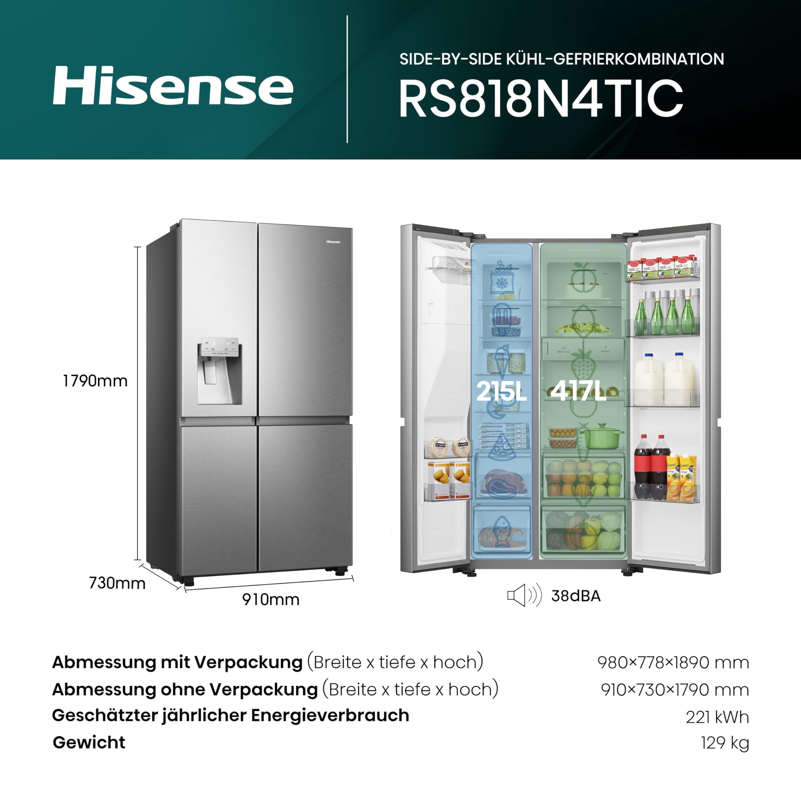 Hisense RS818N4TIC Side by Side – Kühl-Gefrierkombination 632L – Bild 2