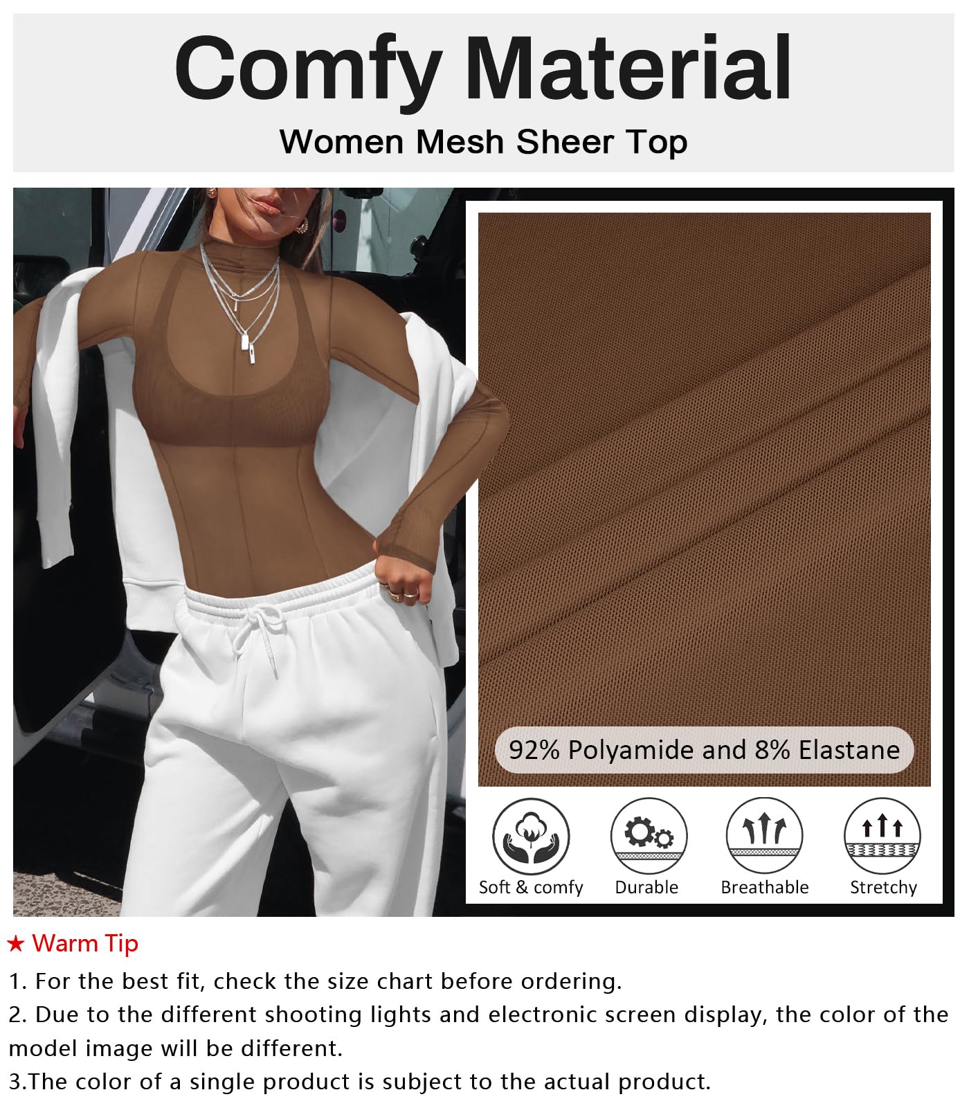 Hragc Haut à manches longues en maille transparente pour femme, col montant, taille L | Haut sexy transparent à col roulé pour femme, t-shirt en dentelle extensible, chemisier de concert, tenue de raves