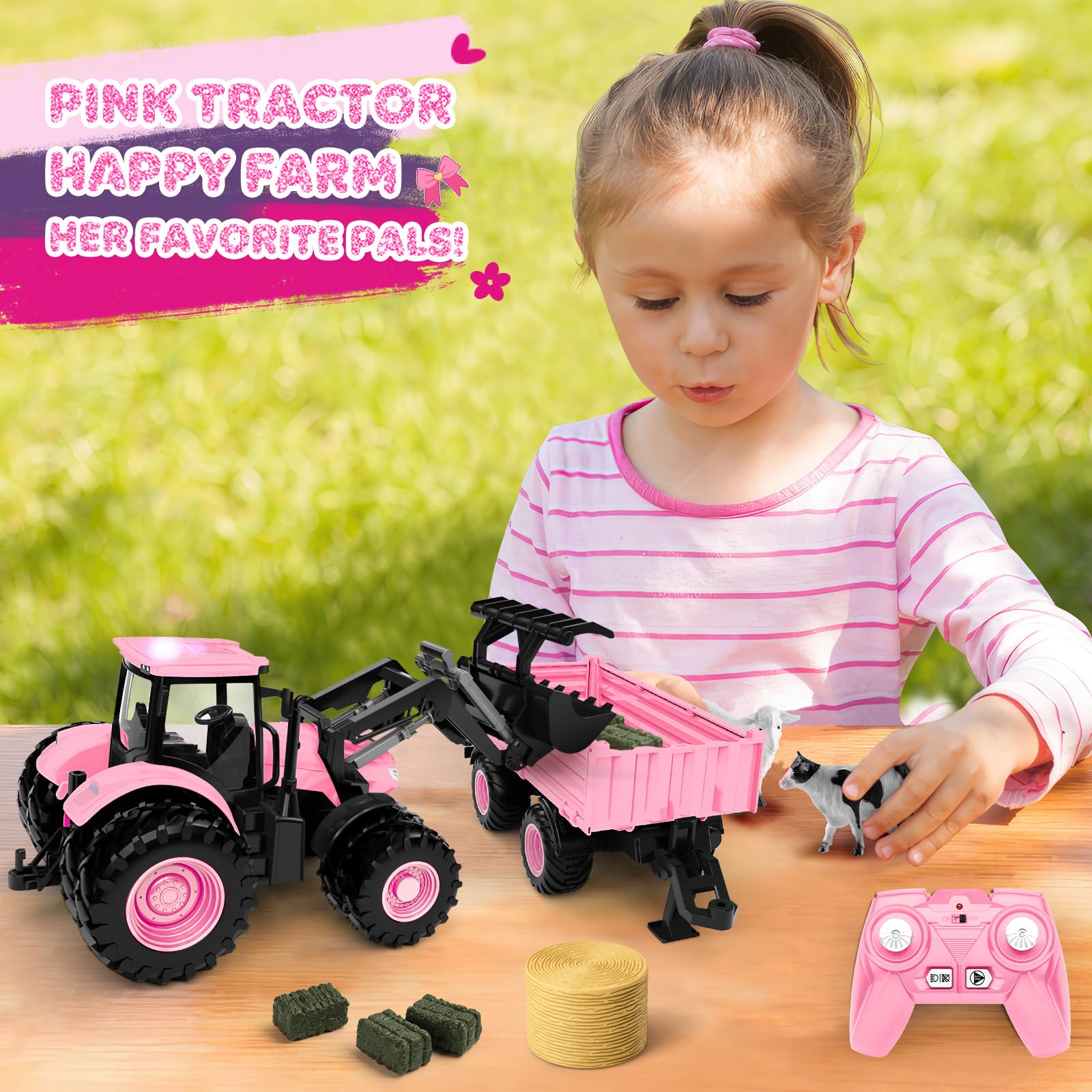 Tractor de juguete a control remoto [2025] Juego de tractor RC para niños y camión y remolque cargador frontal – Cabeza de coche de metal, 8 ruedas/luz, juguetes de vehículos agrícolas para niños de 3 5