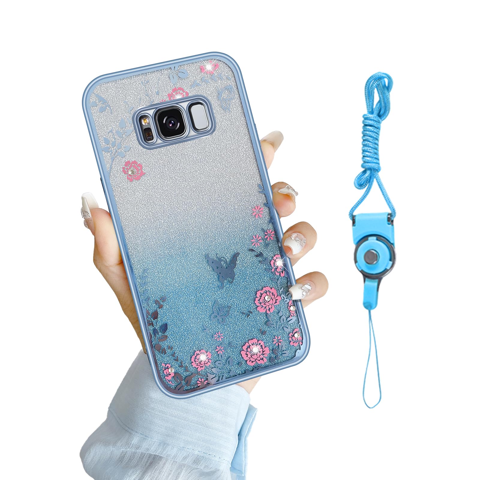 for Samsung Galaxy S8 Case, Samsung S8 Case for Women Gradual Change Glitter Crystal Soft TPU Butterfly Floral Heart Clear Protective Cover with Strap for Samsung Galaxy S8 (Blue)