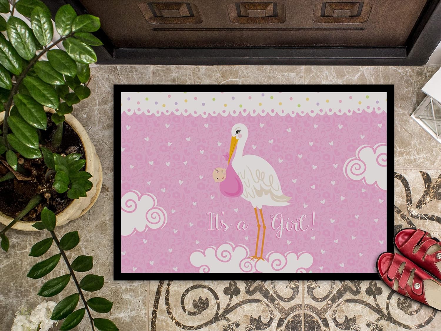 Caroline's Treasures VHA3013MAT It's a Baby Girl Doormat 18x27 Front Door Mat Indoor Outdoor Rugs for Entryway, Non Slip Washable Low Pile, 18H X 27W