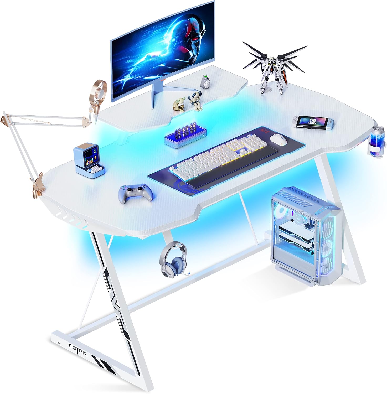 MOTPK White Gaming Desk with LED Lights, Gaming Table Desk