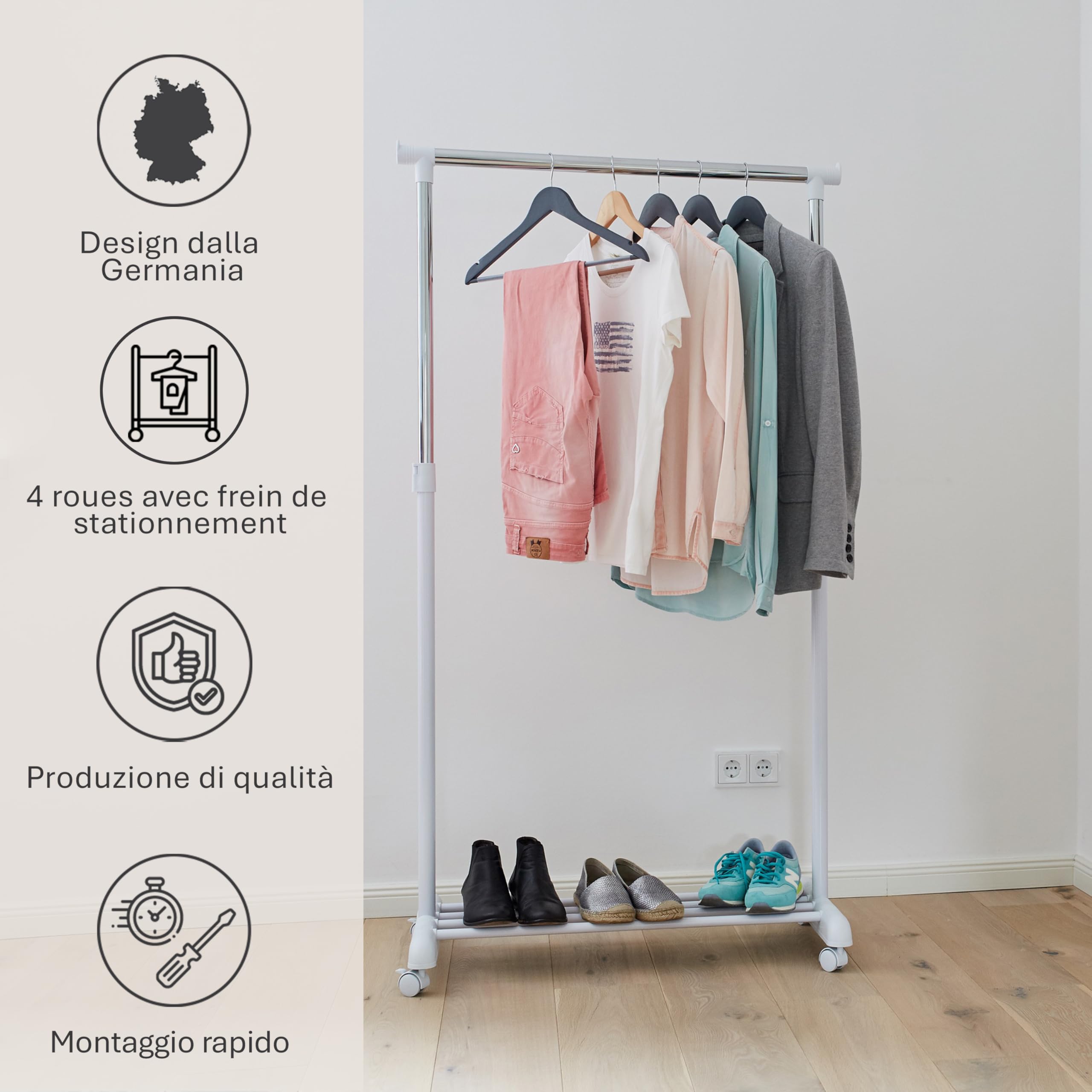 Stand Appendiabiti Regolabile Con Rotelle - Carrello Porta Abiti E Scarpe, Bianco/Cromo - Foto 2
