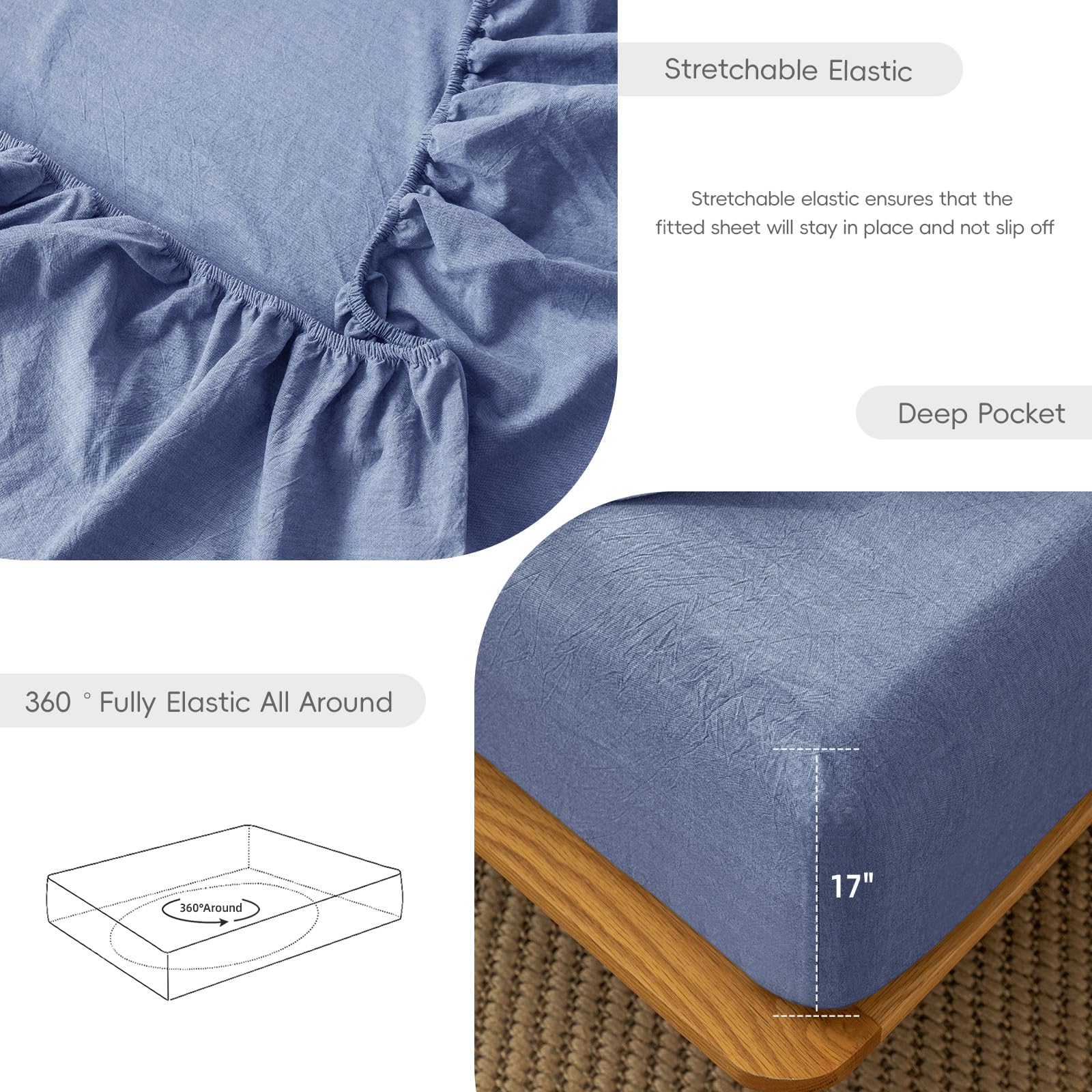 MooMee 100% Washed Cotton Fitted Sheet – Deep Pocket, Linen-Like Texture, Queen Size - View #6