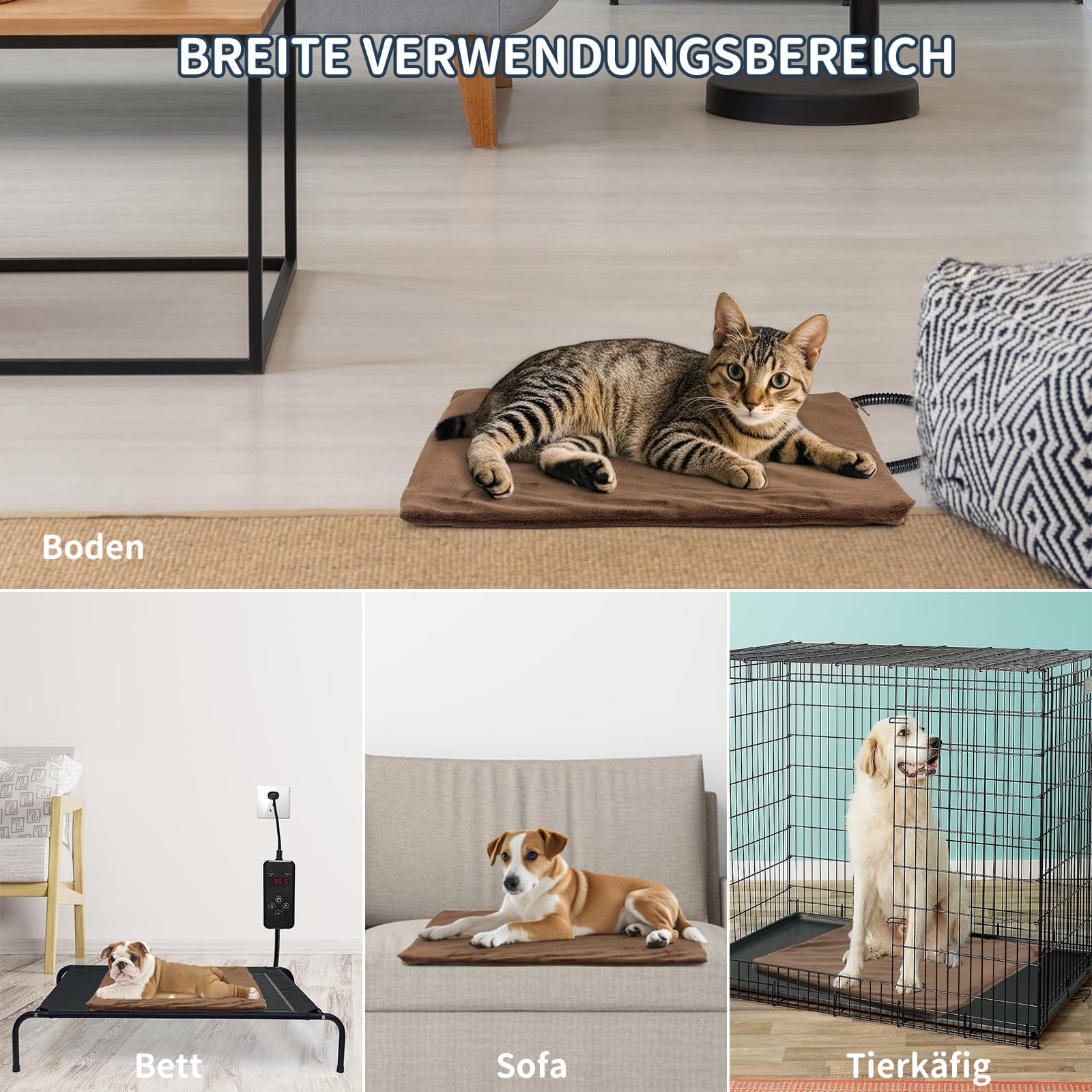 NAMOTEK Heizdecke für Haustiere - Temperatur & Timer einstellbar, wasserdichte Wärmematte mit kaufester Leitung, automatische Abschaltung für Hunde & Katzen