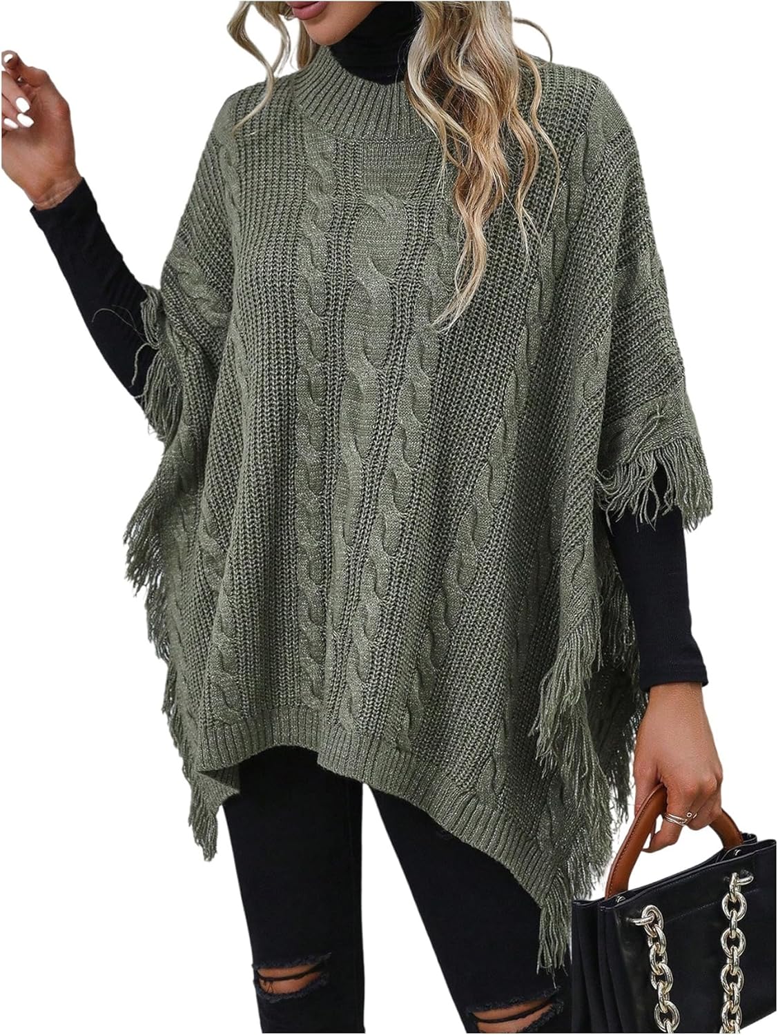 SOLY HUX Women's Poncho Sweater Fringe Shawl Mock Neck Half Sleeve Knit Asymmetrical Cape Trendy Pullover Tops
