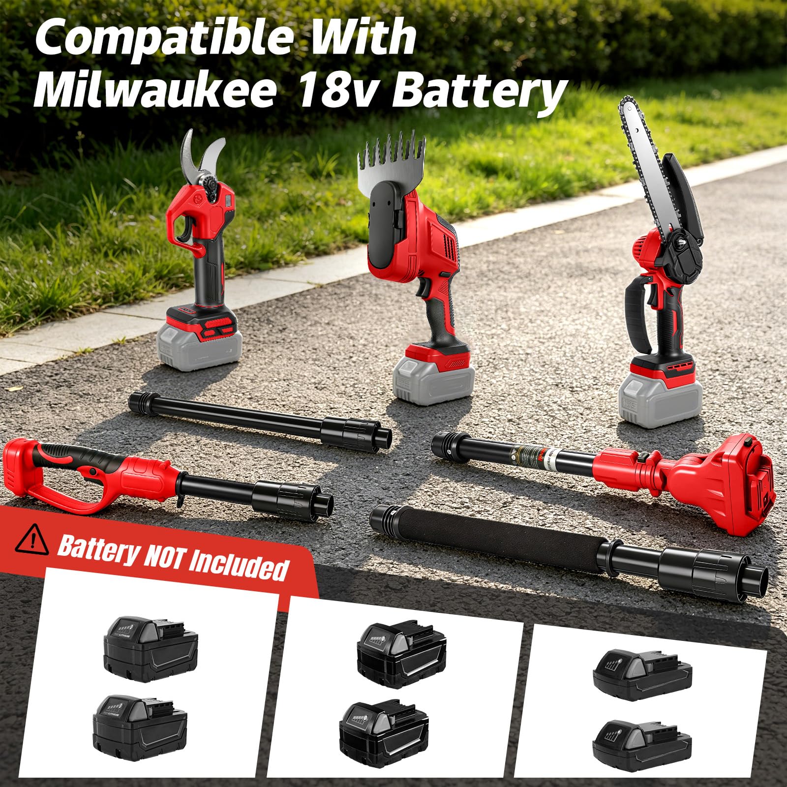 Tijeras Cortasetos Telescopica, 8 Pulgadas Mini Motosierra & 28 mm Tijeras de Podar Eléctricas para Milwaukee M18 18V batería, 6 en 1 Kit de Herramientas de Jardín, Alcance Máximo Hasta 4,5 m