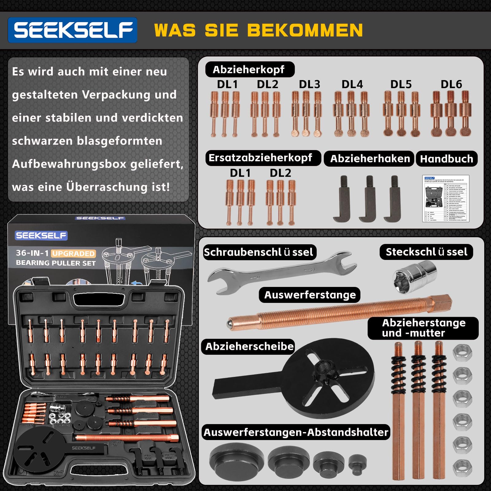 36-in-1 Lagerabzieher Set Innen und Außen, Innenlager Abzieher Lager Werkzeug Trennsatz, Schwarze Plastikbox