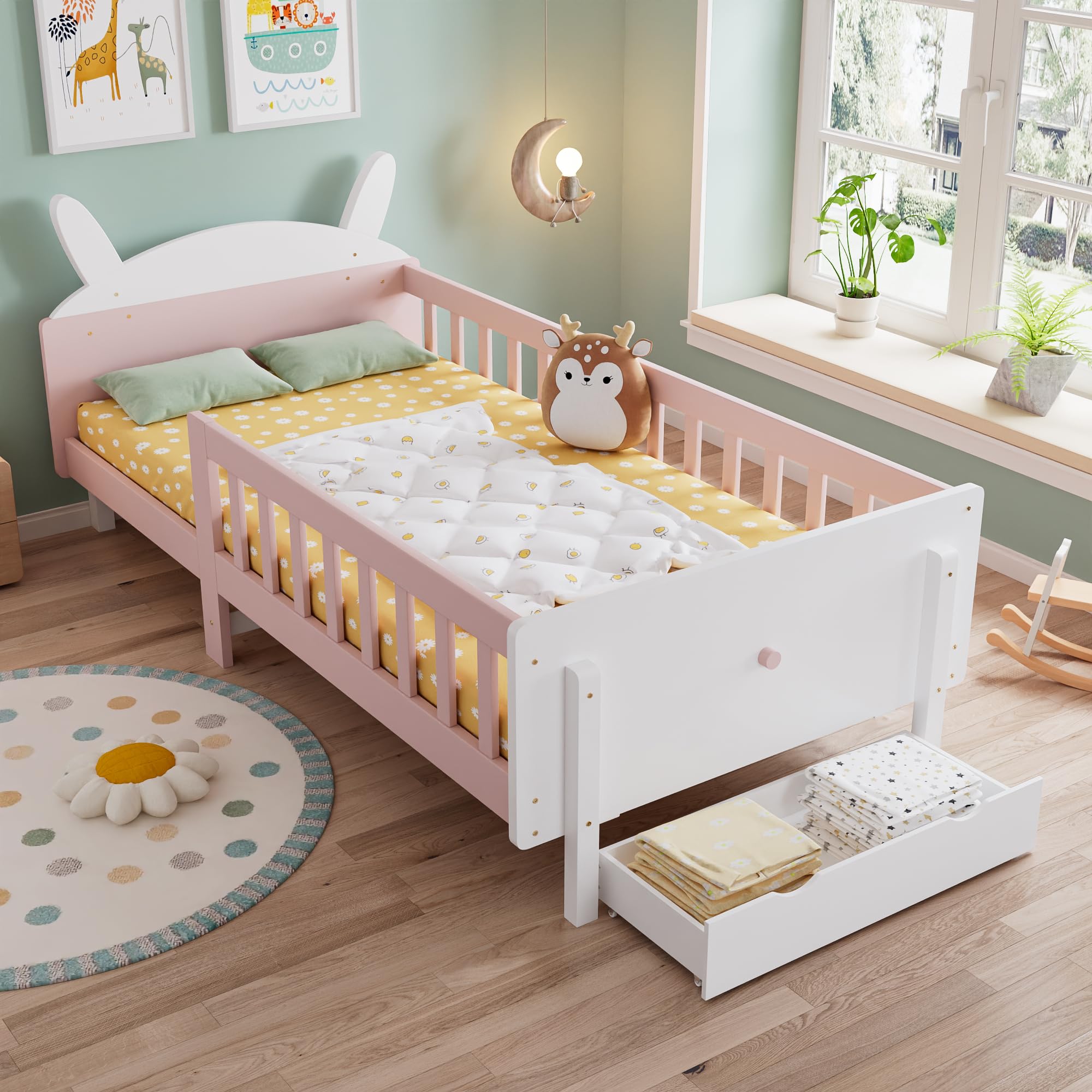 Merax 3FT Single Rabbit Kids Bed with Storage Drawer & Safety Guardrail, Wooden Children's Bed with Sturdy Plywood Slats, Rabbit-Shaped Bed Frame for Girls, White & Pink, 90x190cm — image 1