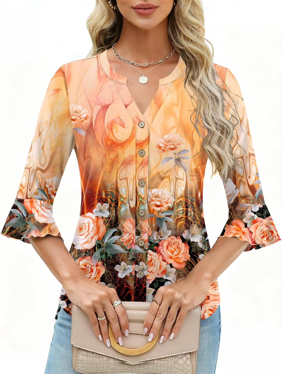 Ivicoer Women's Button Down T Shirts 3/4 Sleeve V-Neck Tops Casual Summer Ladies Tees Ruffle Bell Sleeve Tunic - Image 2