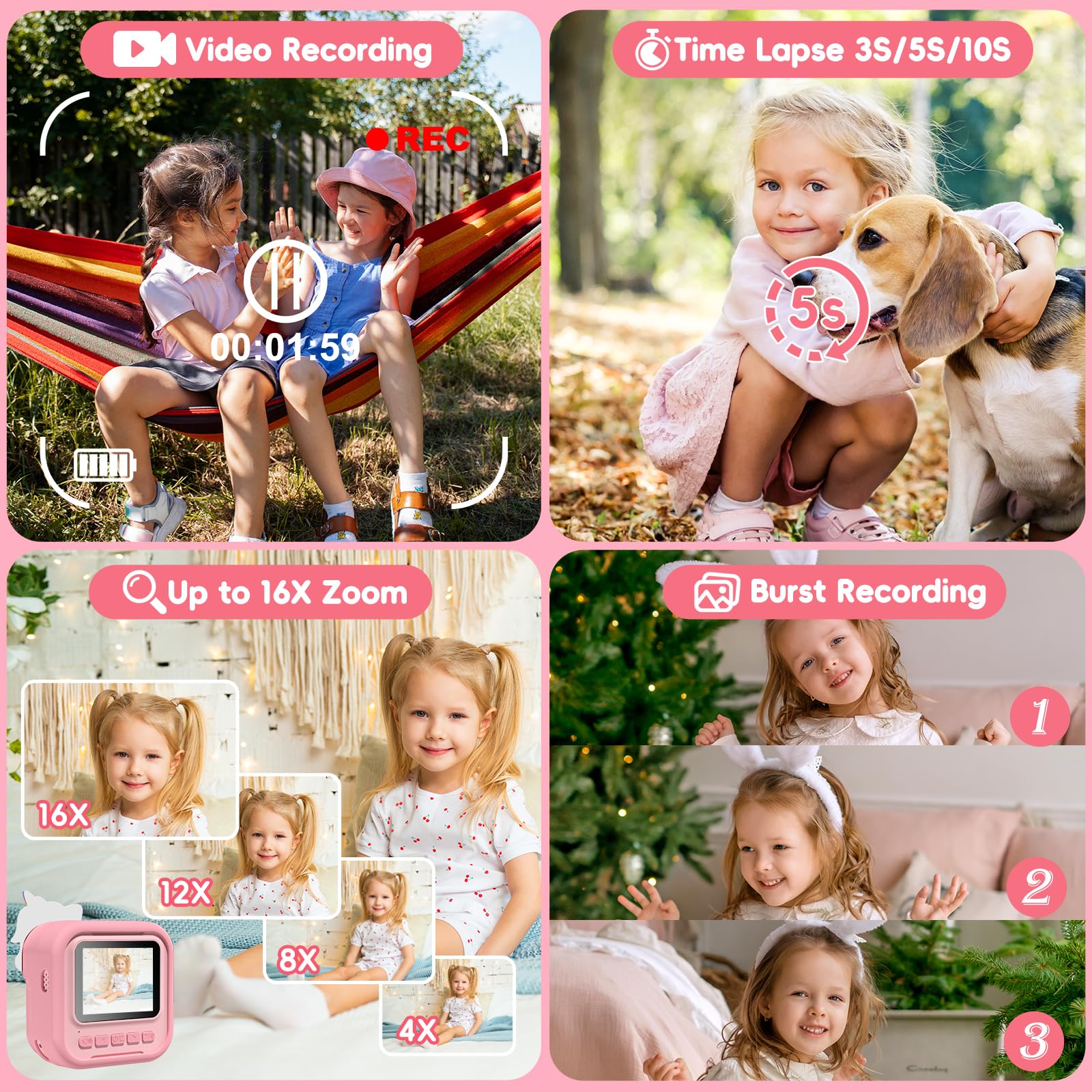 Camara Fotos Infantil Instantanea, Hangrui Cámara Instantánea para Niños con Tarjeta de 32G, 2.4" HD Camara Instanea Infantil con Papel de Impresión y Bolígrafos de Colores, Regalos Juguete