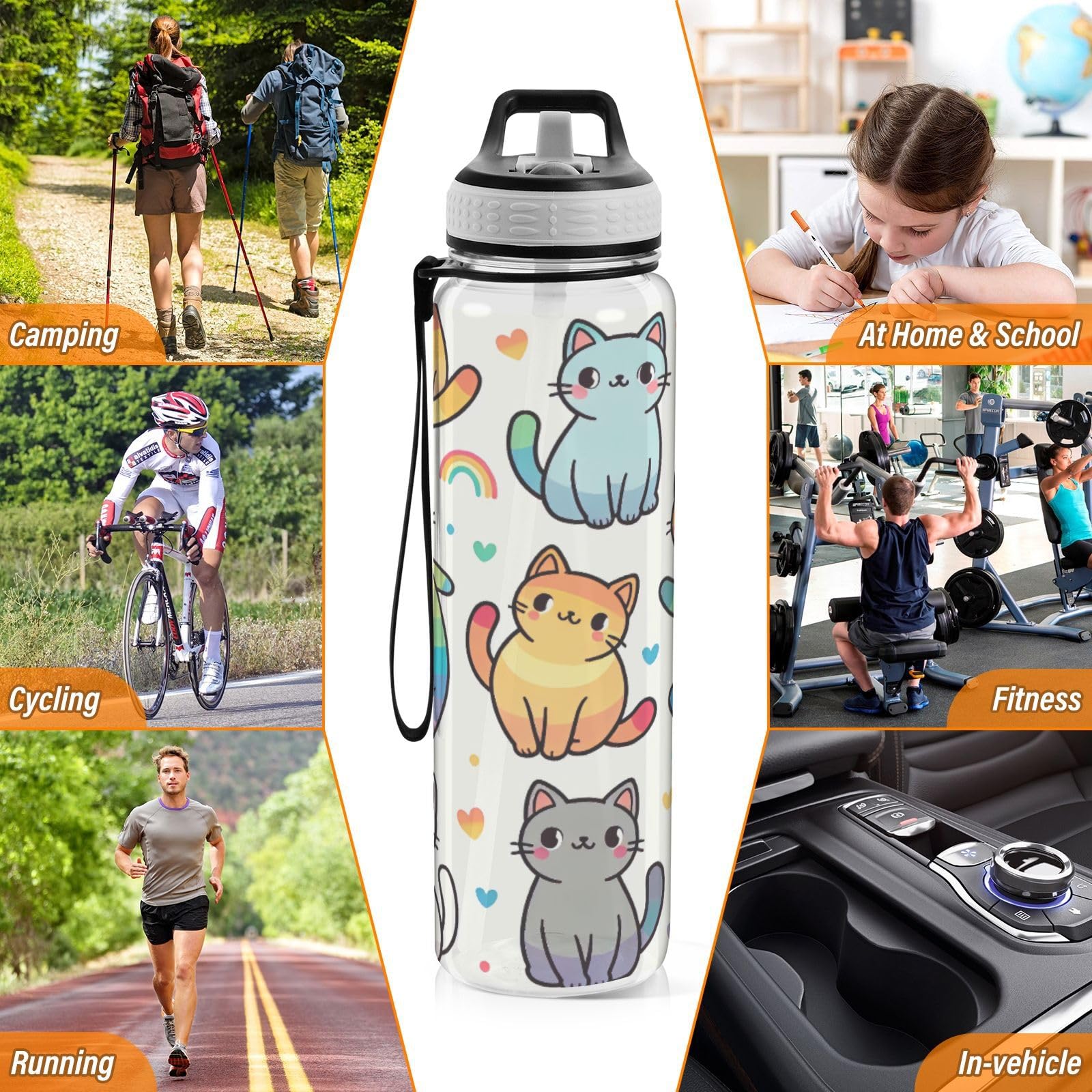 Rainbow Cute Cat Wasserflasche, 900 ml, transparentes Tritan, BPA-frei, auslaufsicher, mit Tragegurt, für Sport, Fitnessstudio und Outdoor-Aktivitäten