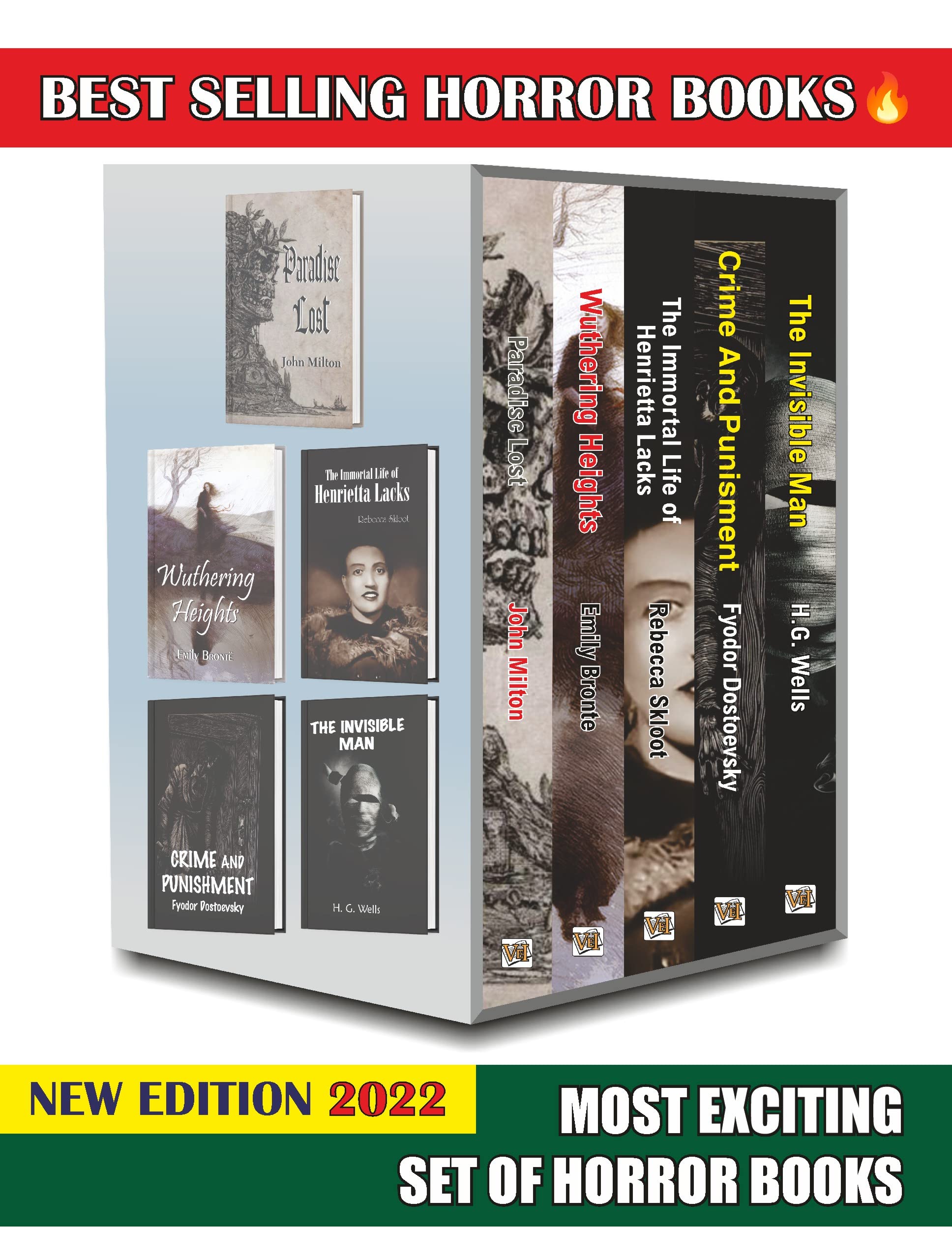 Most Terrific Horror Books Set Of 5, This Horror Novels Set Includes, Paradise Lost, Wuthering Heights By Emily Bronte, The Invisible Man, Crime And Punishment, The Immortal Life Of Henrietta Lacks