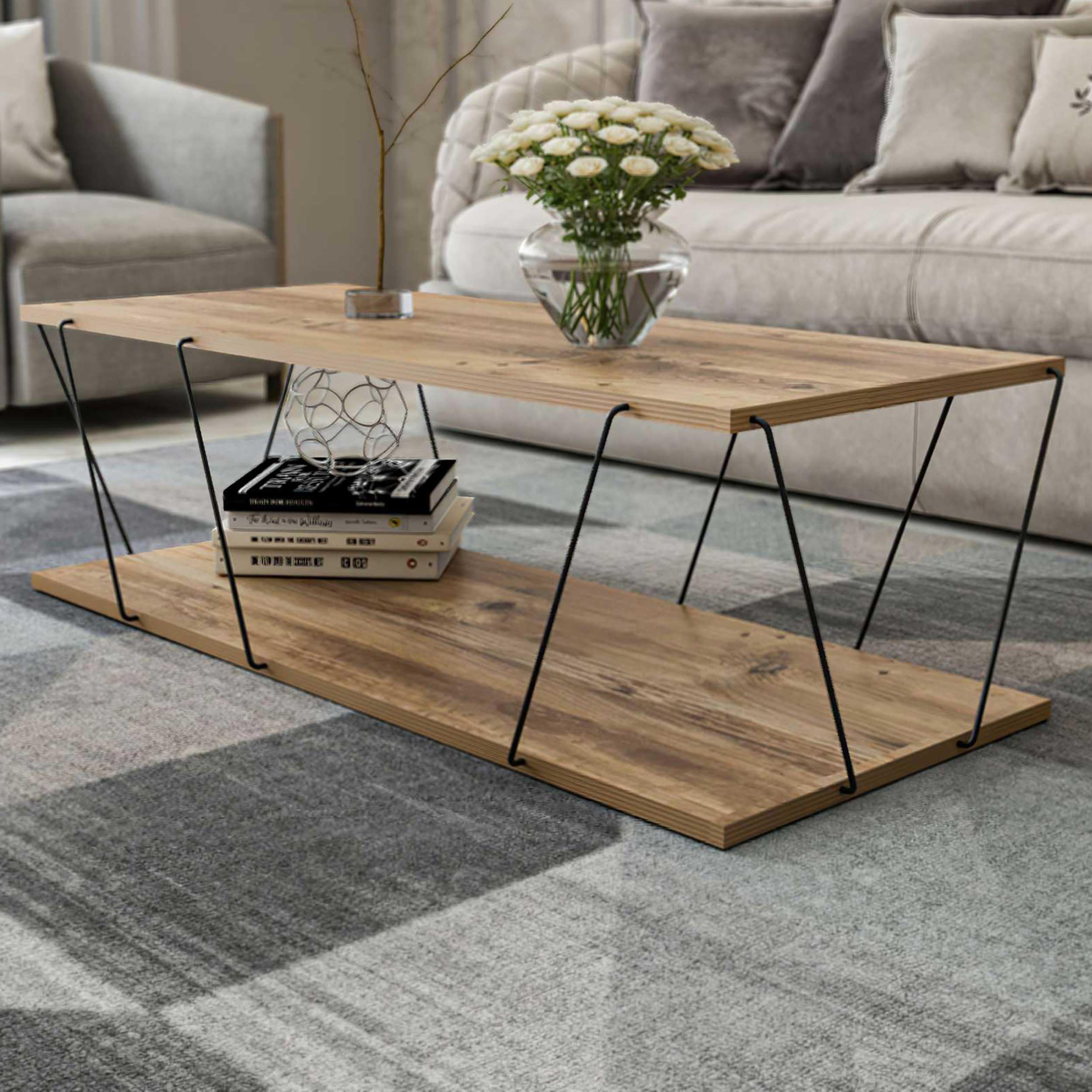 Menzzo Table Basse Milanda Métal Noir et Bois Naturel
