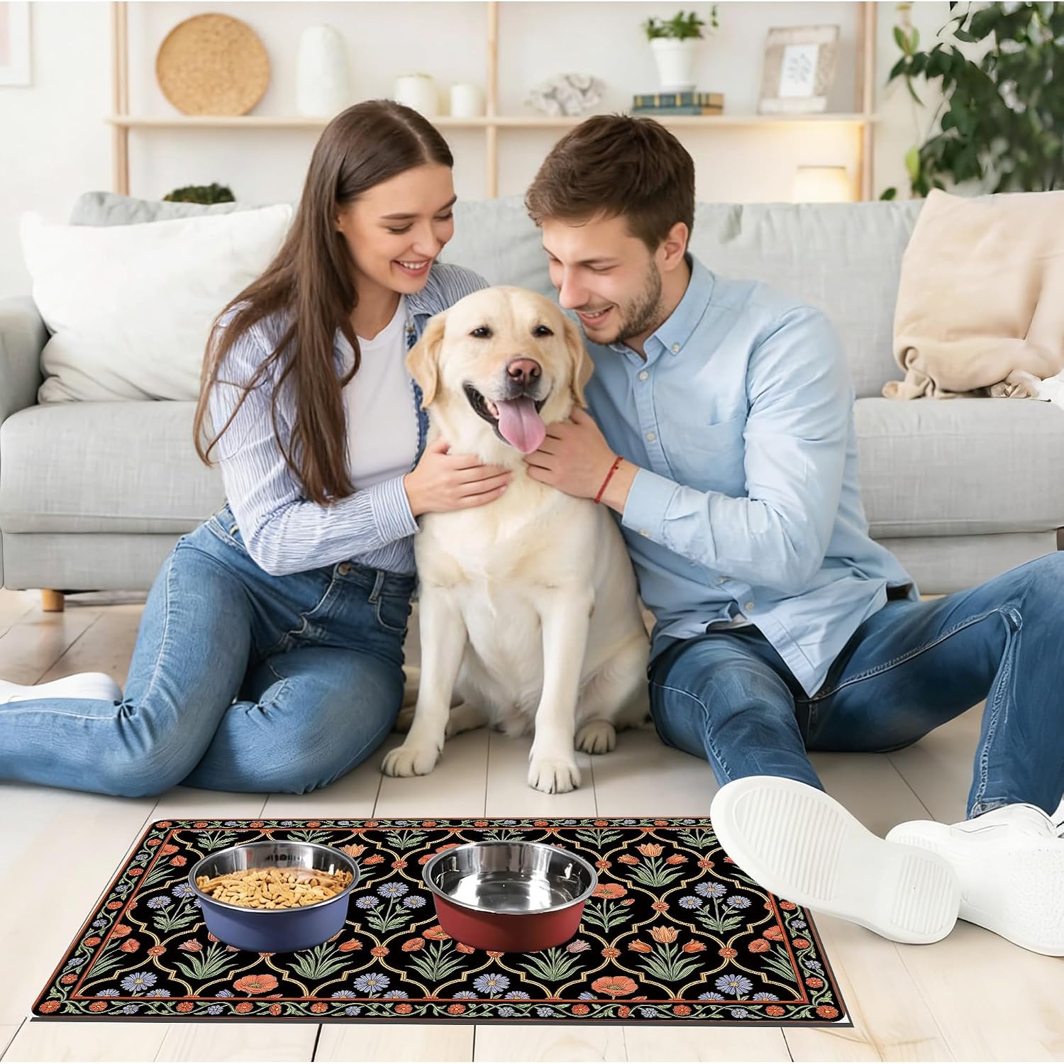 Pet Feeding Mat 30 x 17 Inch, Black Floral Pet Placemat Absorbent Quick-Dry for Food and Water, Waterproof Non Slip Rubber Bowl Pad Mat for Floors