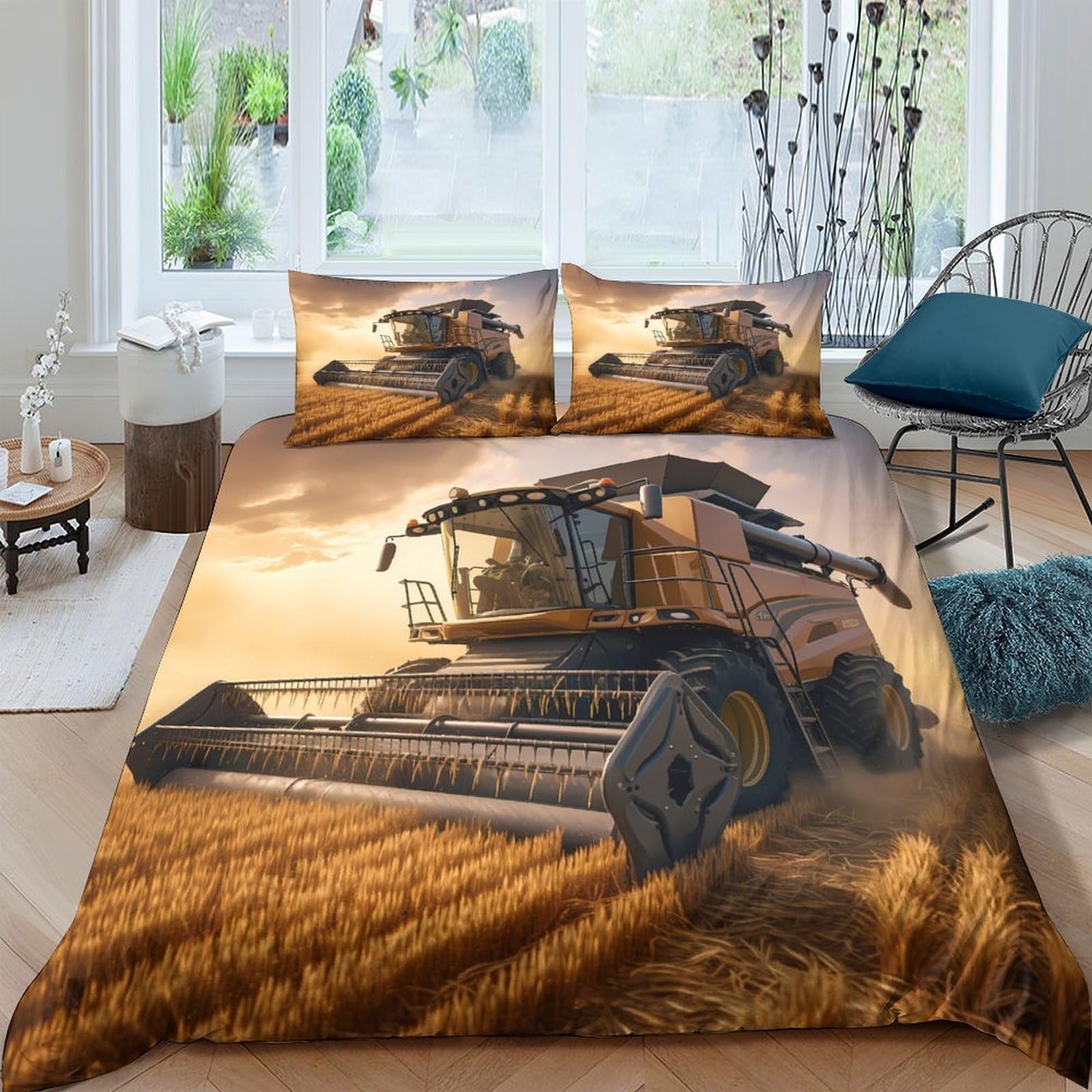 Ctjqhvkz Style-2 3D Printed Harvest Combine Fitted Sheet Microfiber Wheat Field Bed Cover For Bedroom Dorm Mattress Protection Decor Single（135X200cm）