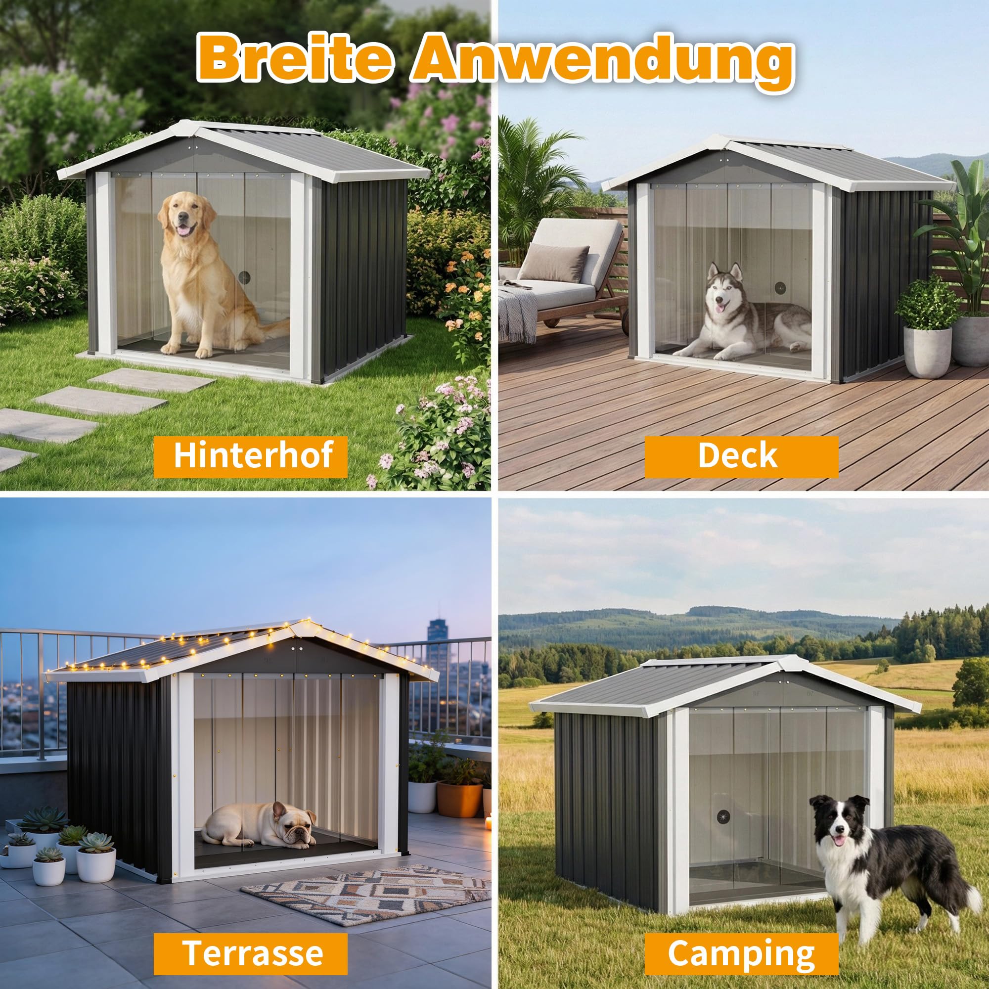 Hundehütte, Wetterfeste Hunde hausaus verzinktem Stahl, Hundehöhle mit Boden & Dach, für Garten Draußen, Anthrazit