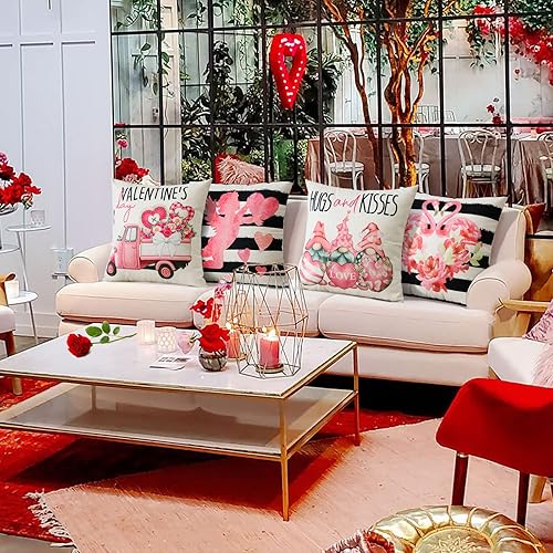 Miniatura 4 de Ohok Juego de 4 fundas de almohada para el día de San Valentín de 18 x 18 pulgadas, almohadas decorativas para decoración del hogar (flamenco a