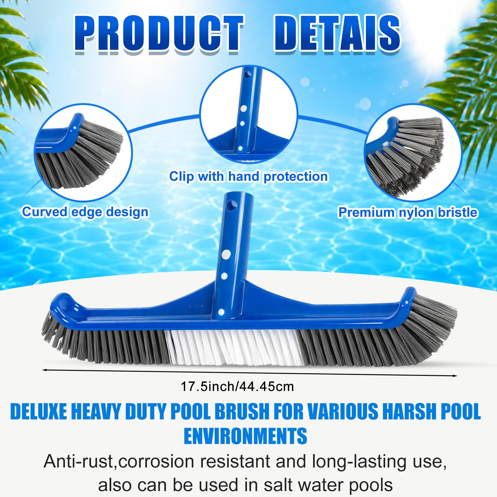 Kit d'aspirateur de piscine 5 pièces comprenant un tuyau de 2,5 à 1,3 cm x 9 m avec tête d'aspiration à roue pivotante, un poteau réglable, une brosse de 44,5 cm et un filet d'écumoire pour