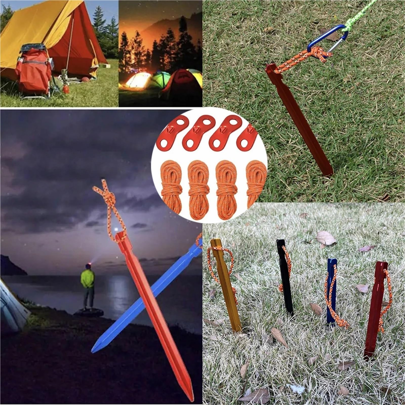 Piquets de Tente, 1 Ensemble de piquets Tente en Alliage d'aluminium, Clous, Cordes, Accessoires Camping, randonnée, avec Corde à Vent, Marteau, Cordon réfléchissant(Silver)