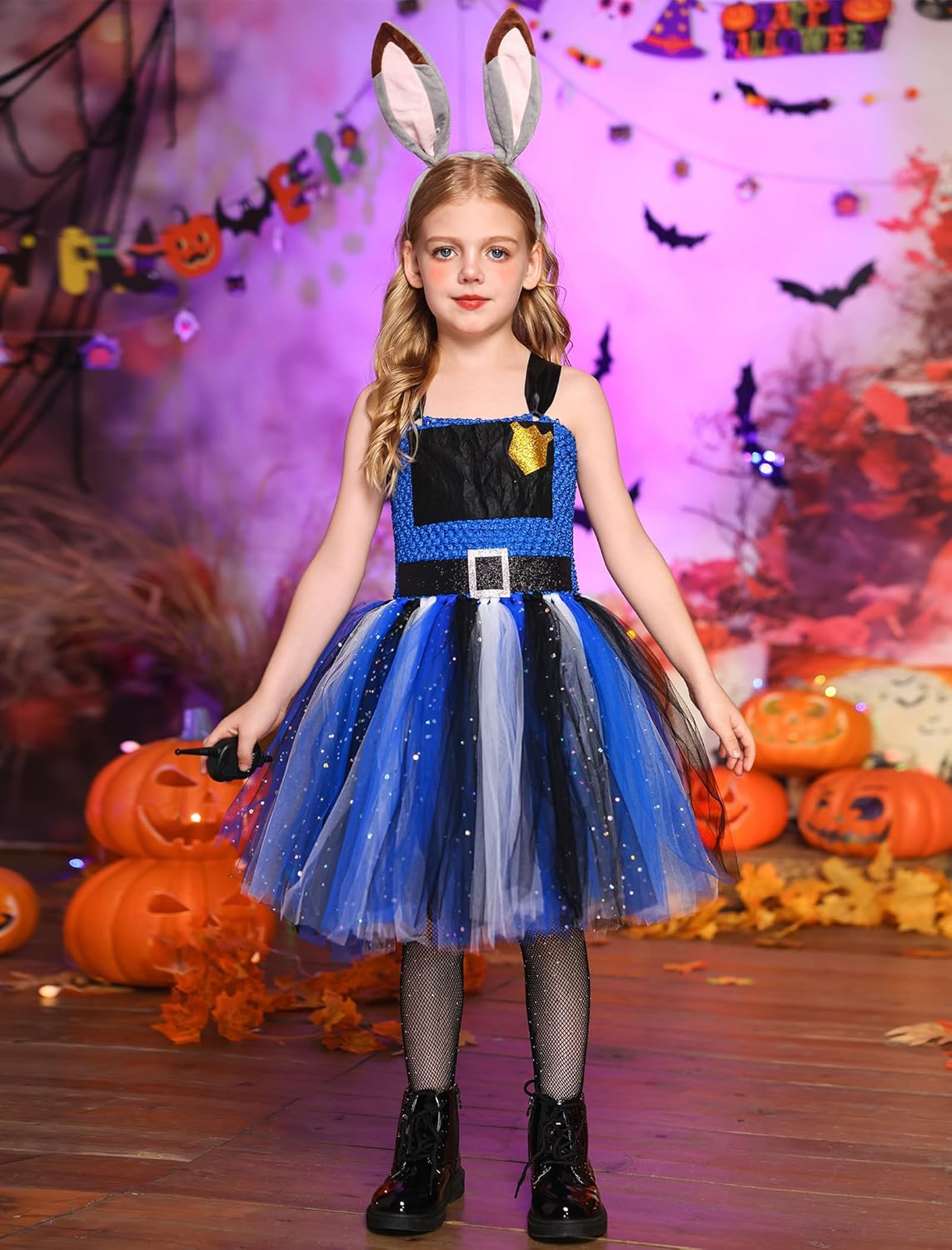 ODIZLI Girl's Blue Police Costume With Headwear For Halloween Dress Up Sleeveless Glitters Crochet Tulle Tutu Party Dress - Image 8