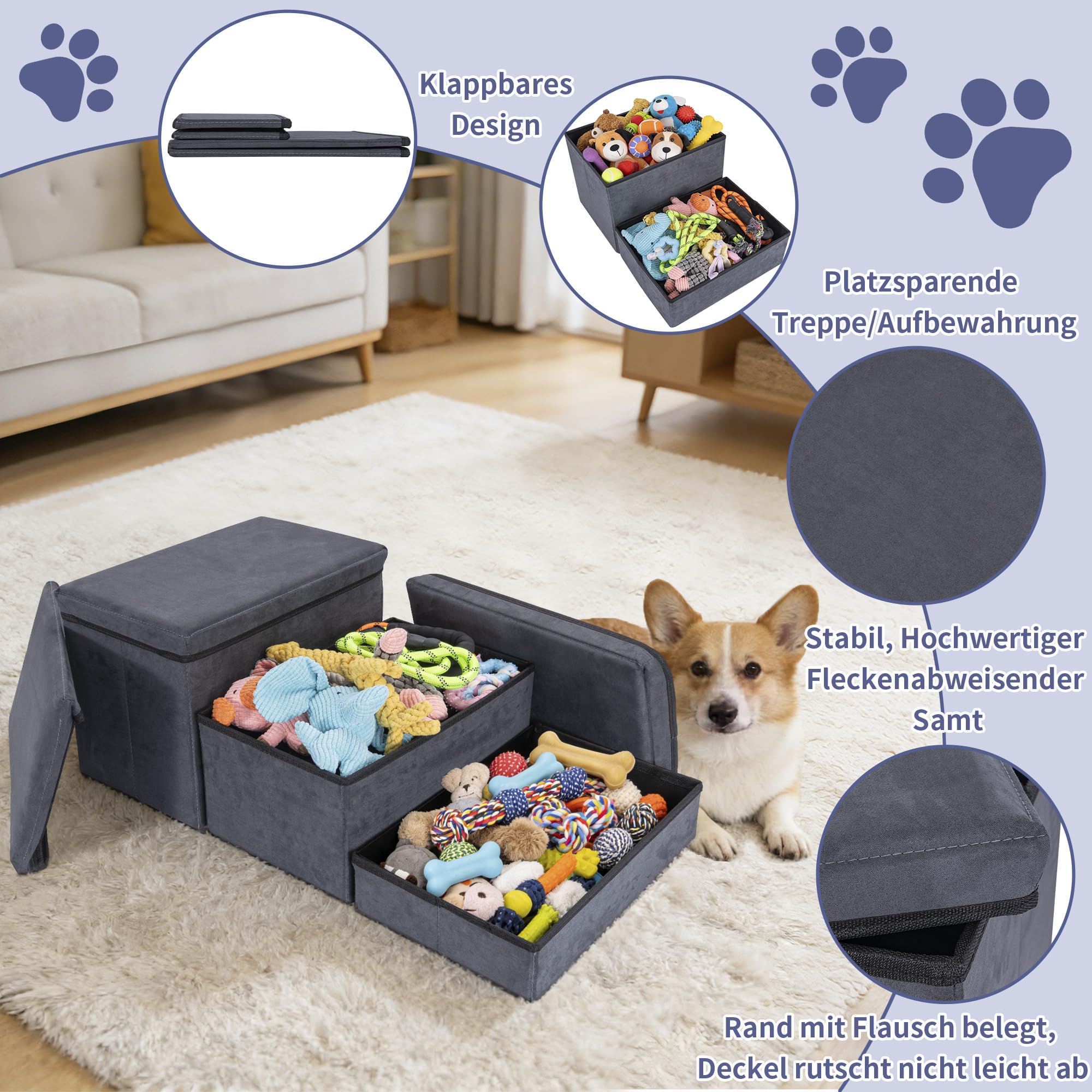 AKOZLIN Scala per cani,3 gradini,pieghevole,Con spazio stoccaggio | Extra larga rampa per animali domestici,Per cani e gatti piccoli a grandi,75×40×30cm,Due strati