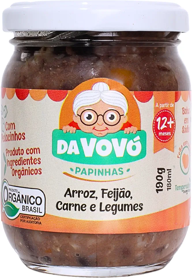 Da Vovó, Papinha infantil, Linha+12, Orgânica, Sabor Arroz, Feijão, Carne e Legumes, 200ml