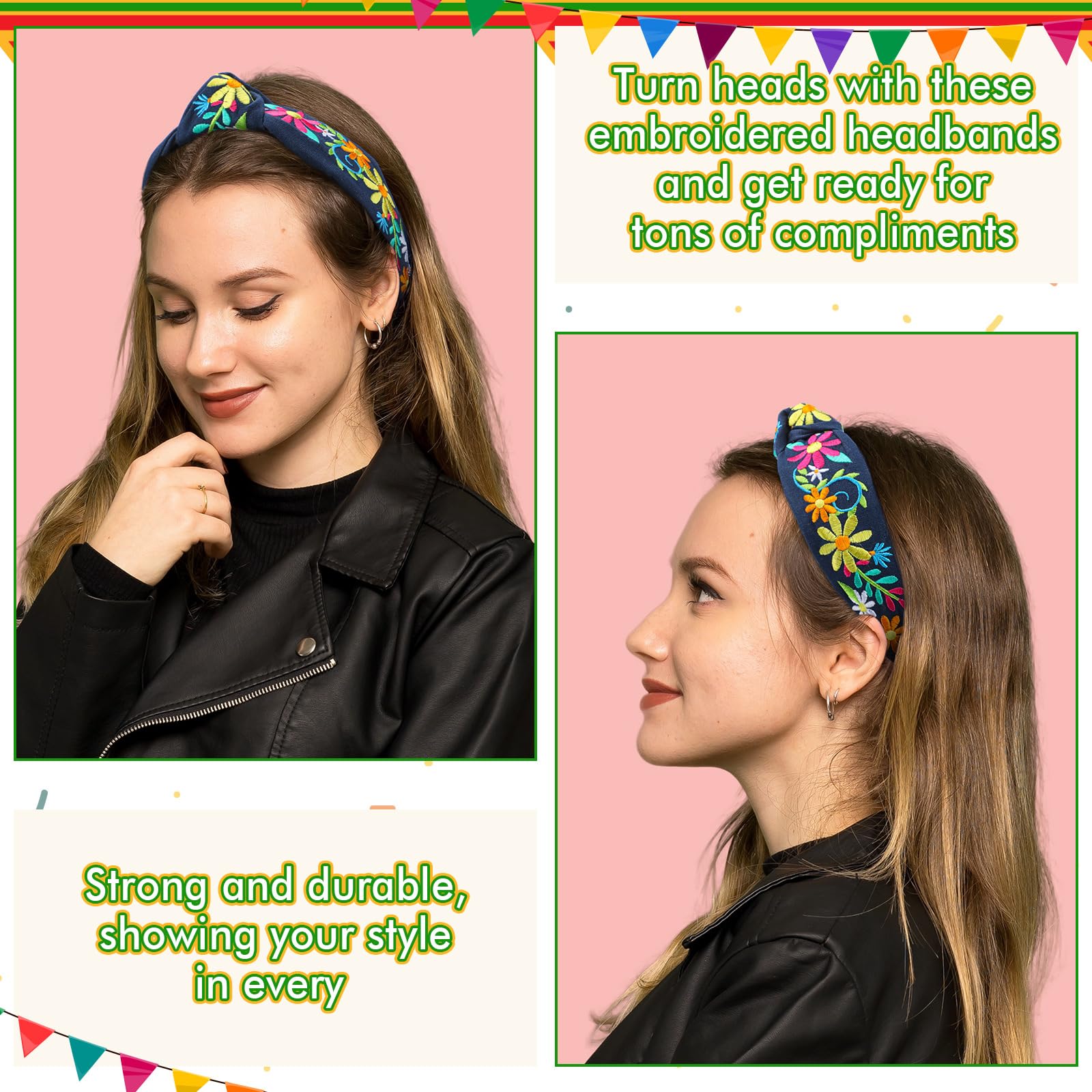 Mexican Embroidery Headband Set Cotton Polyester Wide Festive Accessory Amazon.com : Hoteam 4 Pcs Mexican Embroidery Headband for  main image 3