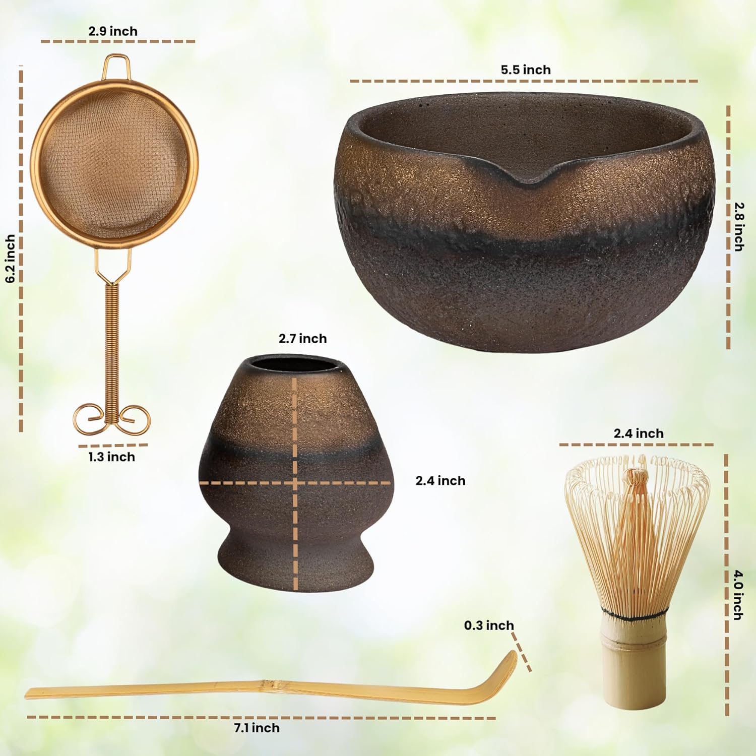 Matcha Set - Japanese Matcha Bowl with Spout and Whisk, 15 OZ, Matcha Sifter, Matcha Whisk Holder (Chasen holder), 5pc Matcha Whisk Set for Matcha Tea Ceremony (Iron Glazed)