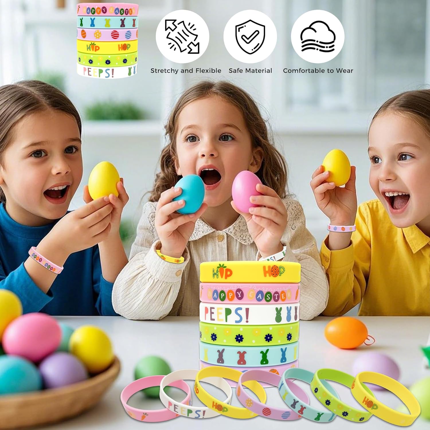 42PCS Easter Rubber Bracelets Silicone Wristbands for Easter Basket Stuffers Egg Fillers Party Favors Supplies