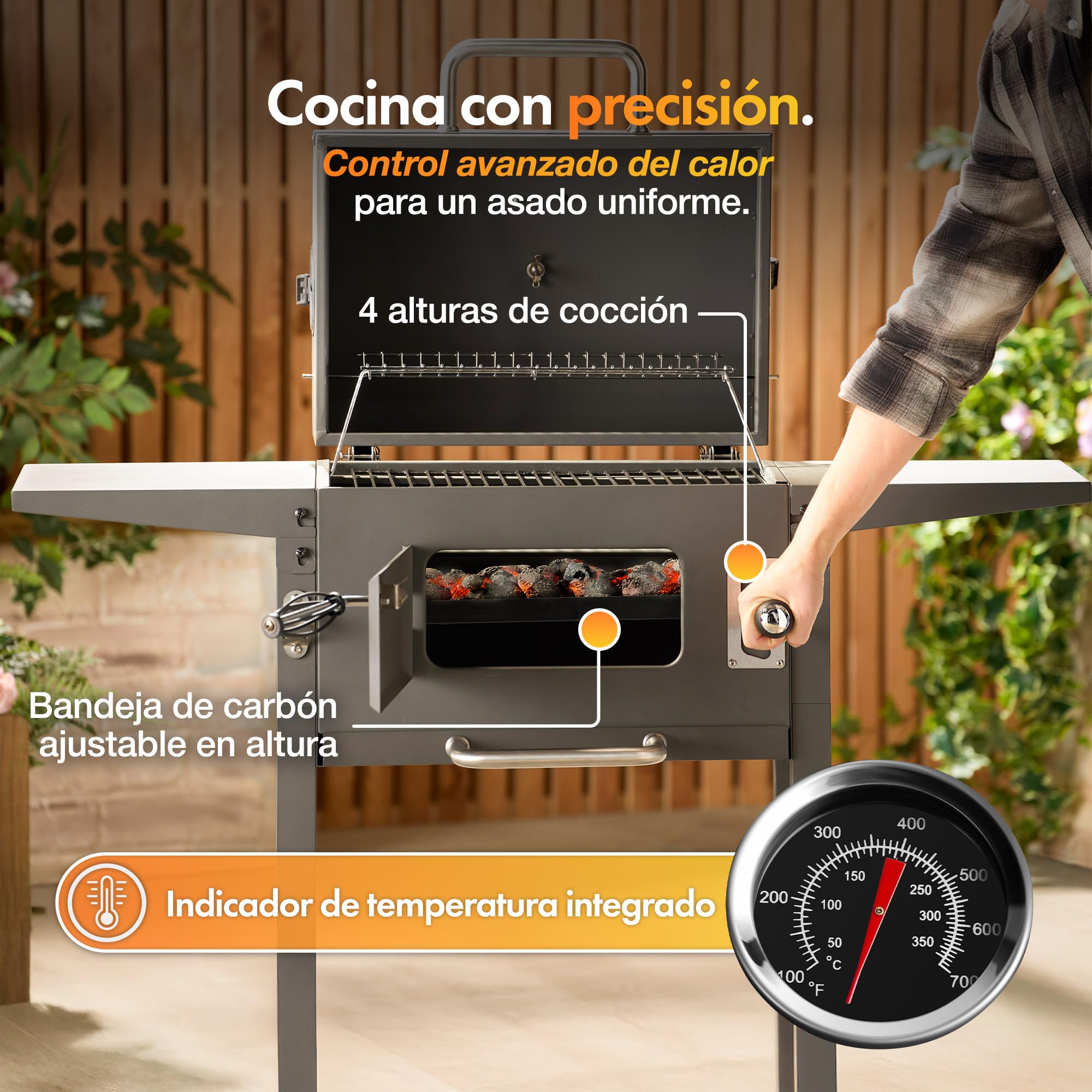 VonHaus Barbacoa de Carbón – Barbacoa con Rejilla Calentadora, Altura Ajustable, Termómetro – Portátil, Recogecenizas, Estante, 2 Mesas Laterales Plegables, Ruedas – Carne, Pescado y Verduras