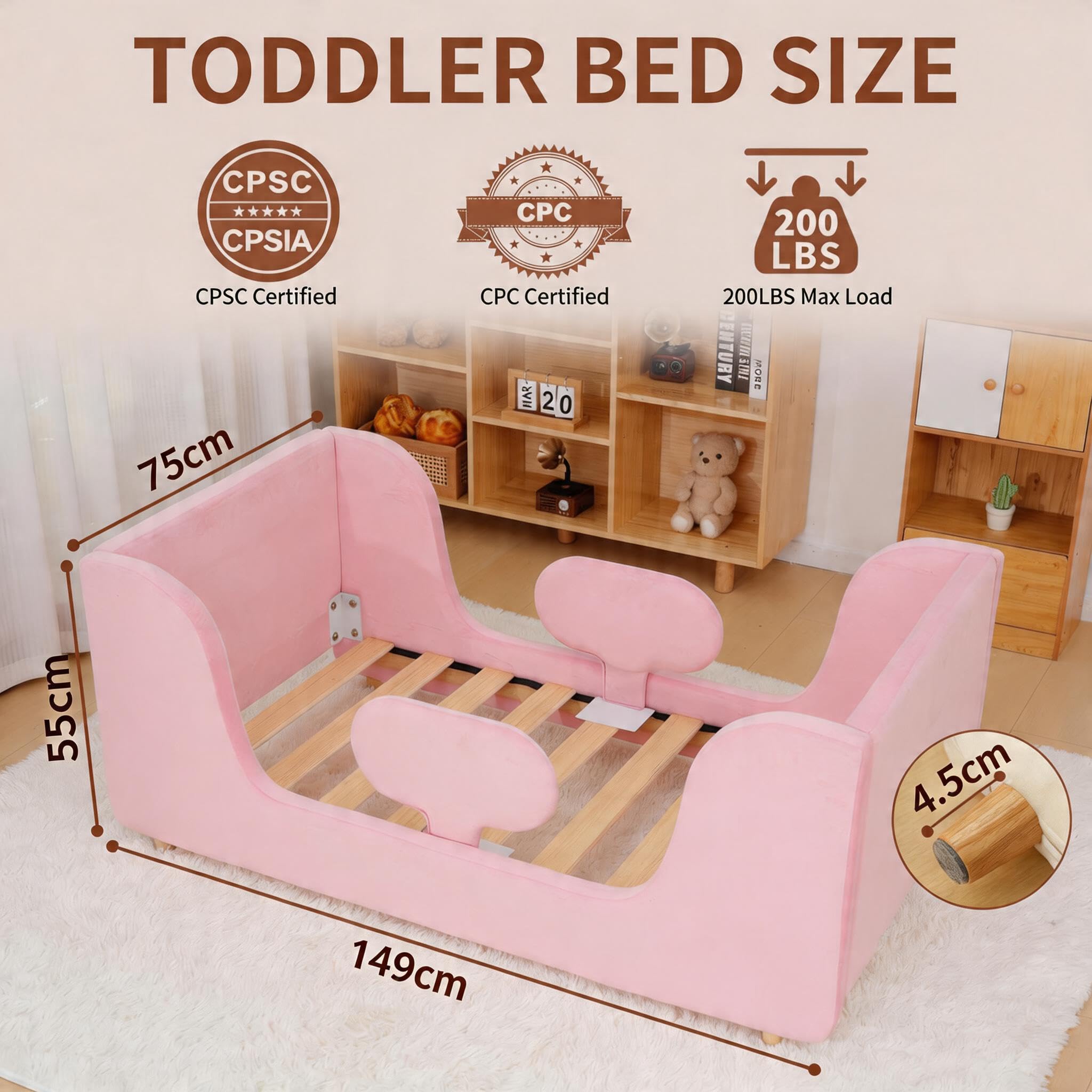 Toddler Bed, Whole Soft Padded Kids Beds with Extra Safety Guardrail, Low Frame Bed for Toddlers Girls Boys Children, 140x70cm (Mattress NOT Included) — view 3