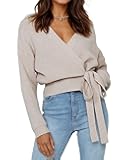 Women’s Cropped Sweater V-Neck Wrap Sweater Long Sleeve Ribbed Knit Pullover with Side Tie Fall Winter Outfits 2025