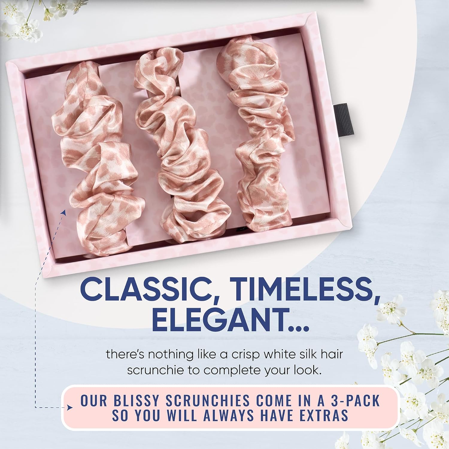 Blissy Silk Scrunchies (3 Pack) - 100% Pure Mulberry Silk - 22 Momme 6A High-Grade Fibers Scrunchie for Straight & Curly Hair (Nicole Miller - Mauve Cheetah, Regular)