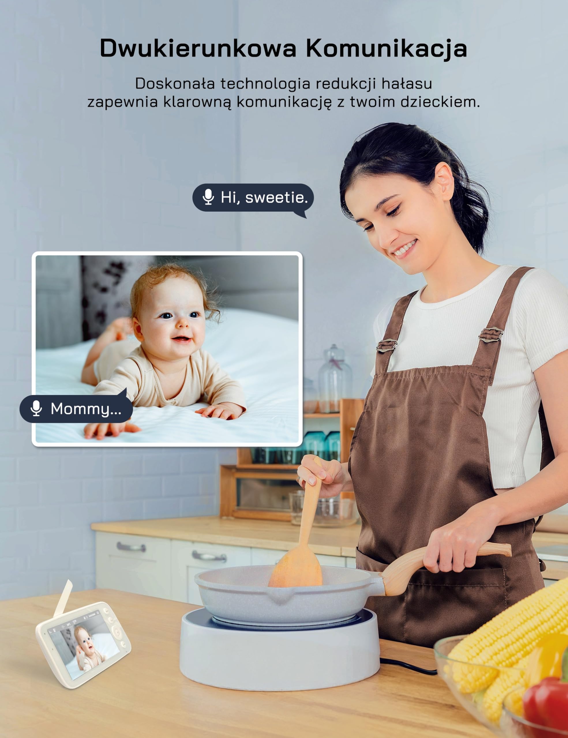 WOLFANG WB03 Baby Monitor 5" 720P z 10-godzinną baterią, kamera 1080P z noktowizorem i 2-krotnym zoomem cyfrowym, monitor wideo Pan-Tilt-Zoom bez WiFi, 2-drożna rozmowa, temperatura, 8 kołysanek