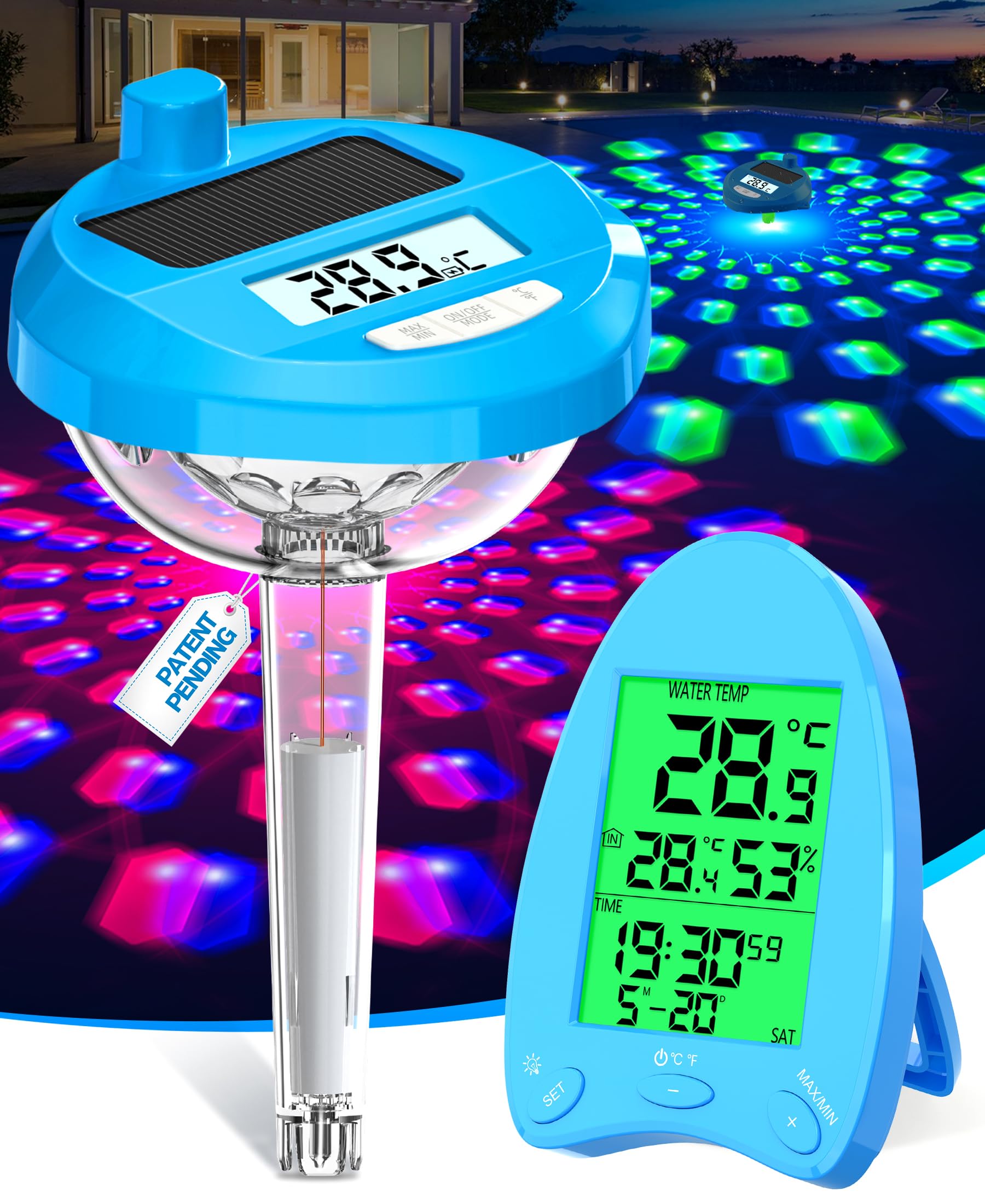 DeeprBlu 2026 Pool Thermometer Funk Solar, Poolthermometer Schwimmend mit Dynamische LED-Lichtshow & Duale Hintergrundbeleuchtung, 200 Meter Kabellose Übertragung, Poolthermometer Digital Funk für Spa