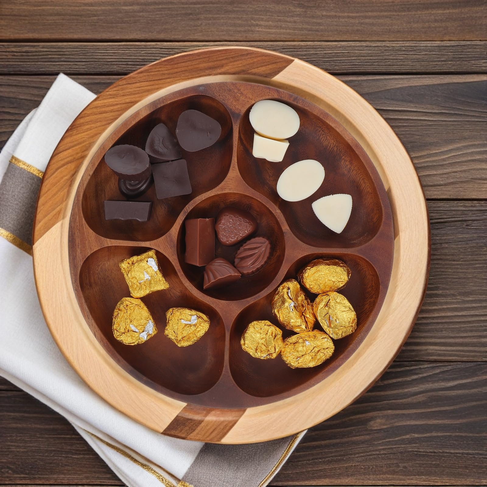 UKCOCO Plato para Servir Dividido de Madera Marrón Redondo de 5 Secciones