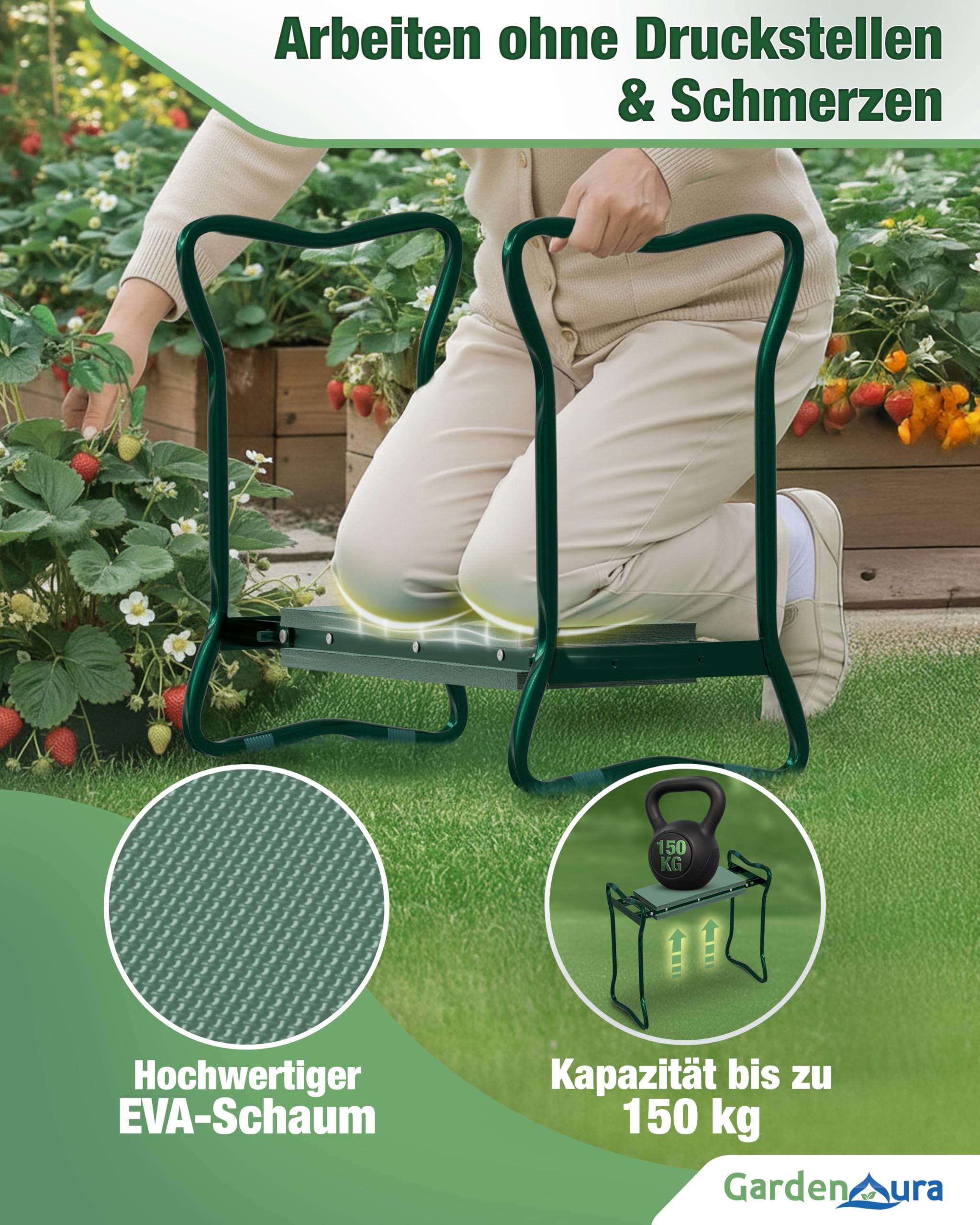Reposarodillas para jardinería – Taburete de jardín con bolsa de herramientas – Banco de jardín – Banco de rodillas de jardín respetuoso con la espalda y las articulaciones, soporta hasta