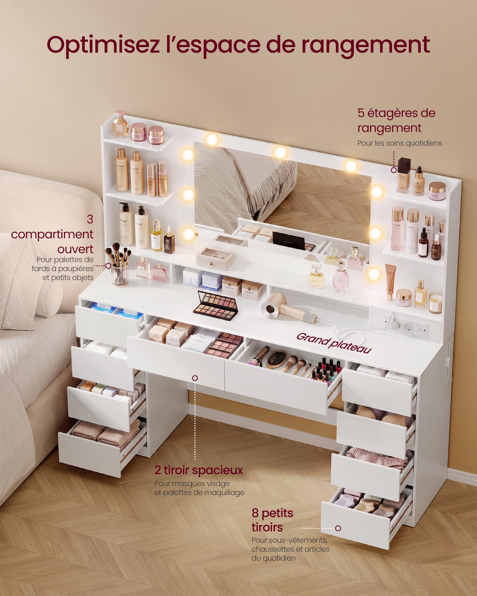 VASAGLE Coiffeuse avec Miroir et LED, 10 Tiroirs, Station de Charge