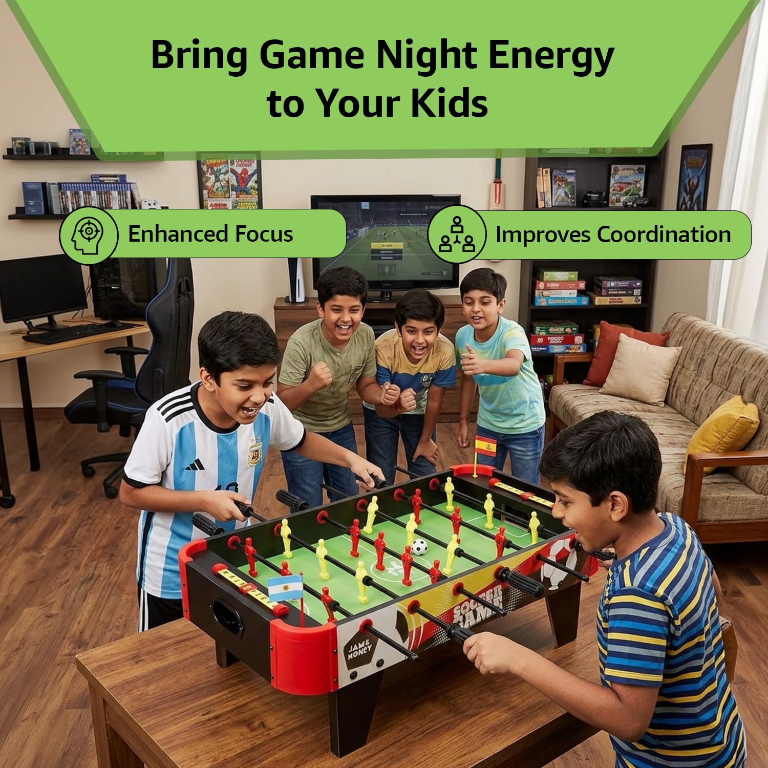 Amazon Brand - Jam & Honey Foosball Table Game for Kids 6+ Years, BIS Certified Safe for Kids, Big Size Tabletop Football, Indoor Soccer for Family Fun, Multicolour 2
