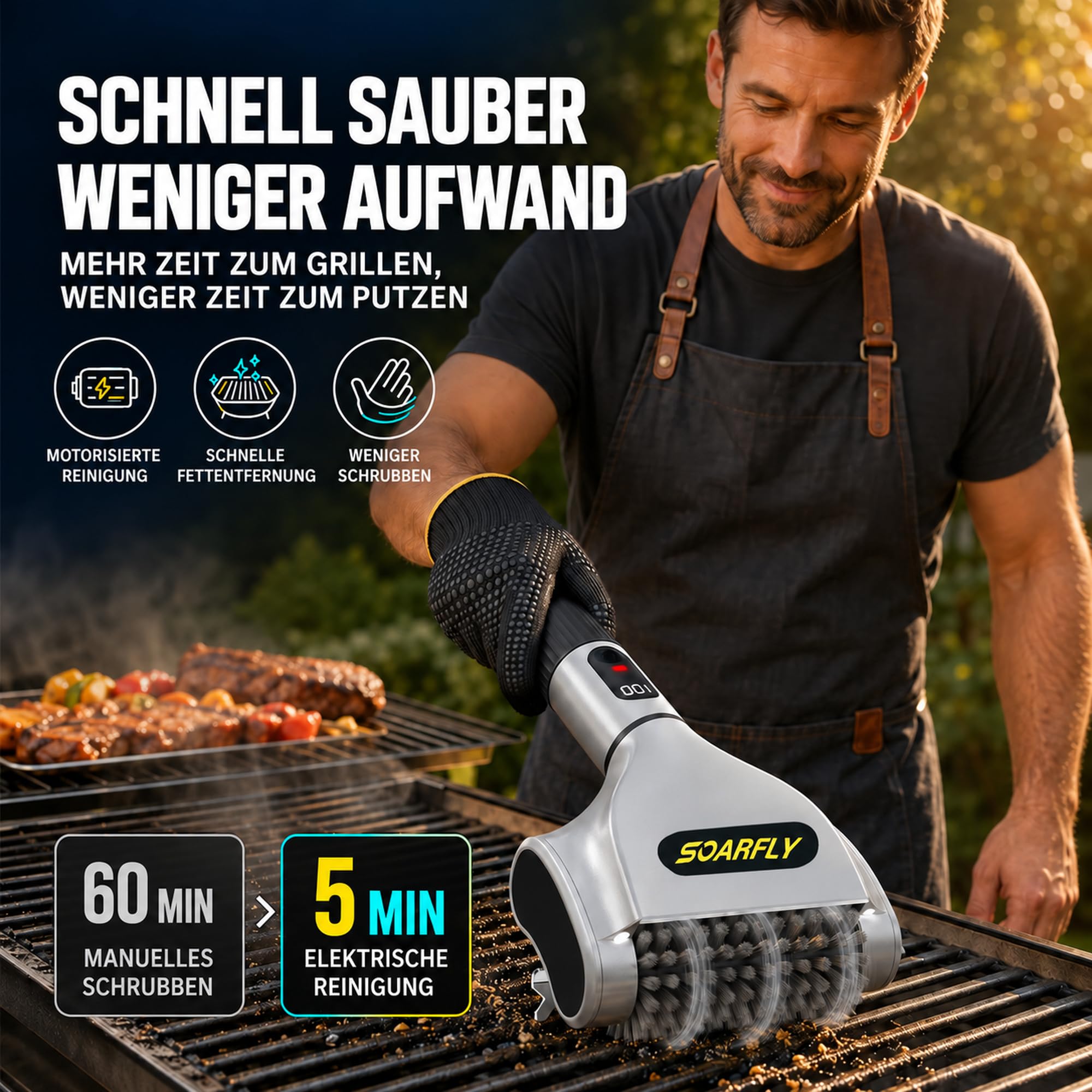 SOARFLY Elektrische Grillbürste, Grillbürste mit Einer Laufzeit von 210 Min bei 800 U/min, 20 kg Drehmoment & Zwei LED-Leuchten, Elektrische Reinigungsbürste für Männer und Grillfans