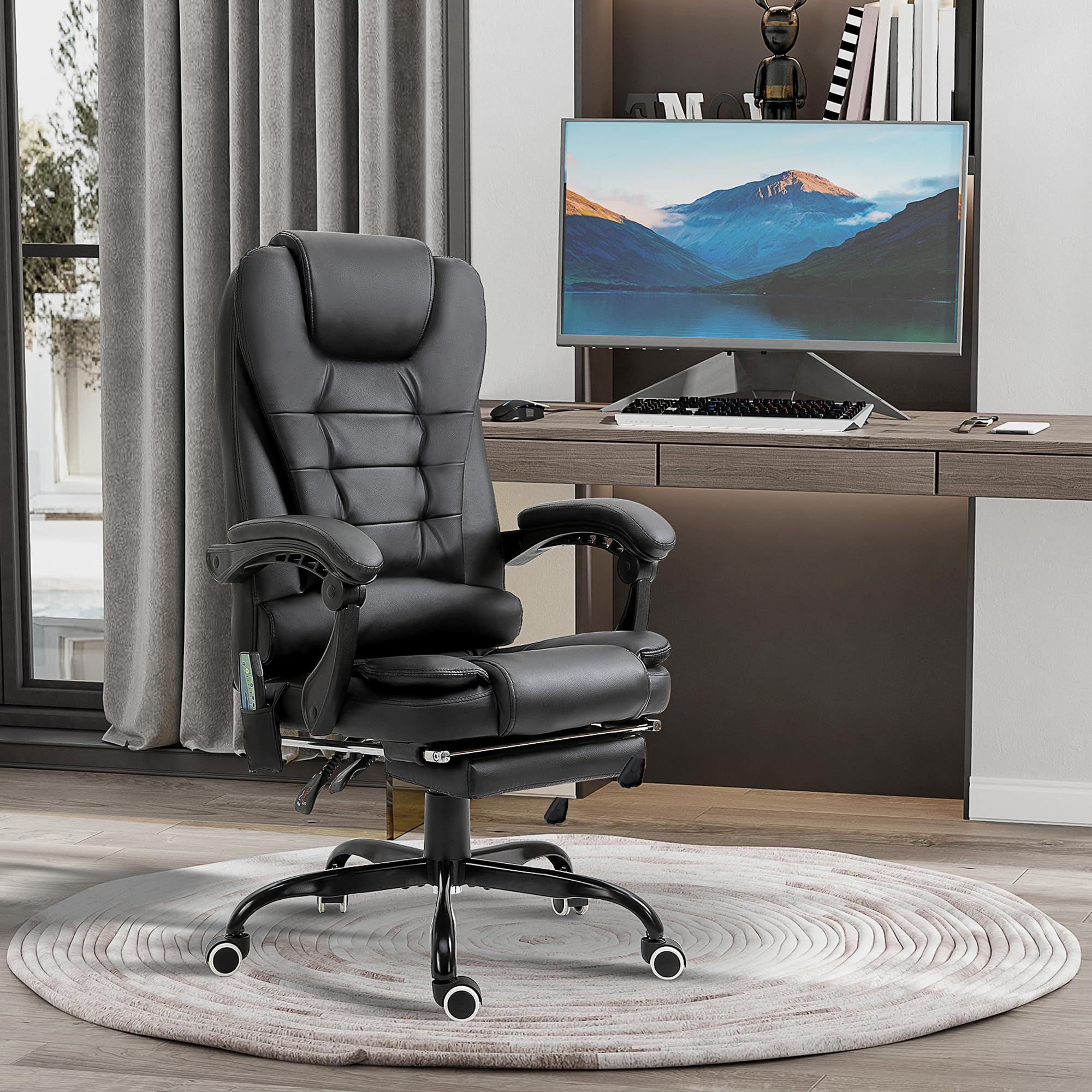 Vinsetto Massagesessel Chefsessel mit Integrierter Fußstütze höhenverstellbarer Drehstuhl mit 7 Massagepunkte Unterem Rückenpolster PVC Metall 67 x 79 x 111-121 cm Schwarz