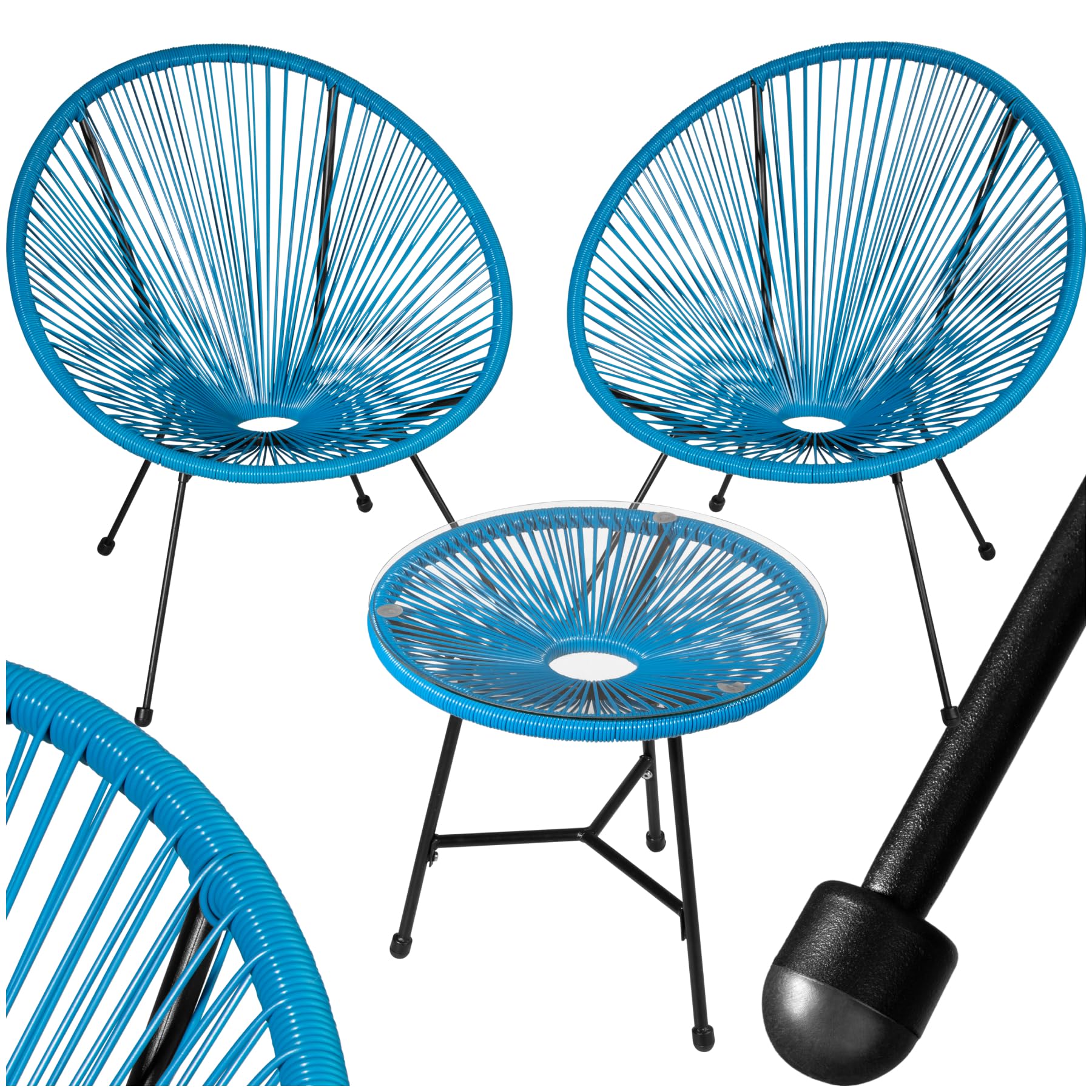 tectake® Conjunto Muebles Jardín Exterior de Acero, Estilo Acapulco, 2 Sillas y 1 Mesa con Cristal, Mesa y Sillas de Terraza Resistentes a Intemperie,Topes en Patas, para Interior y Exterior - azul