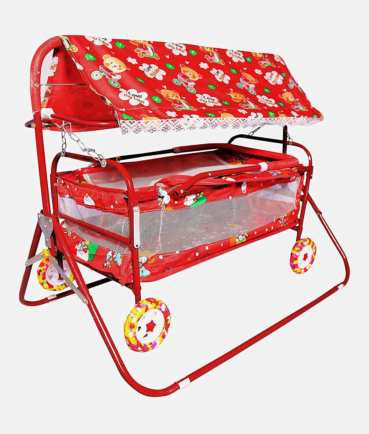 AVANI METROBUZZ Mosquito Net Jhulla Cradle with Swing for New Born Baby 1-2 Years Babies-Newborn Baby Cotton Baby Sleep Swing Cradle-Baby Jhula Jhoola Set with Mosquito Net and Spring (EvaRed)