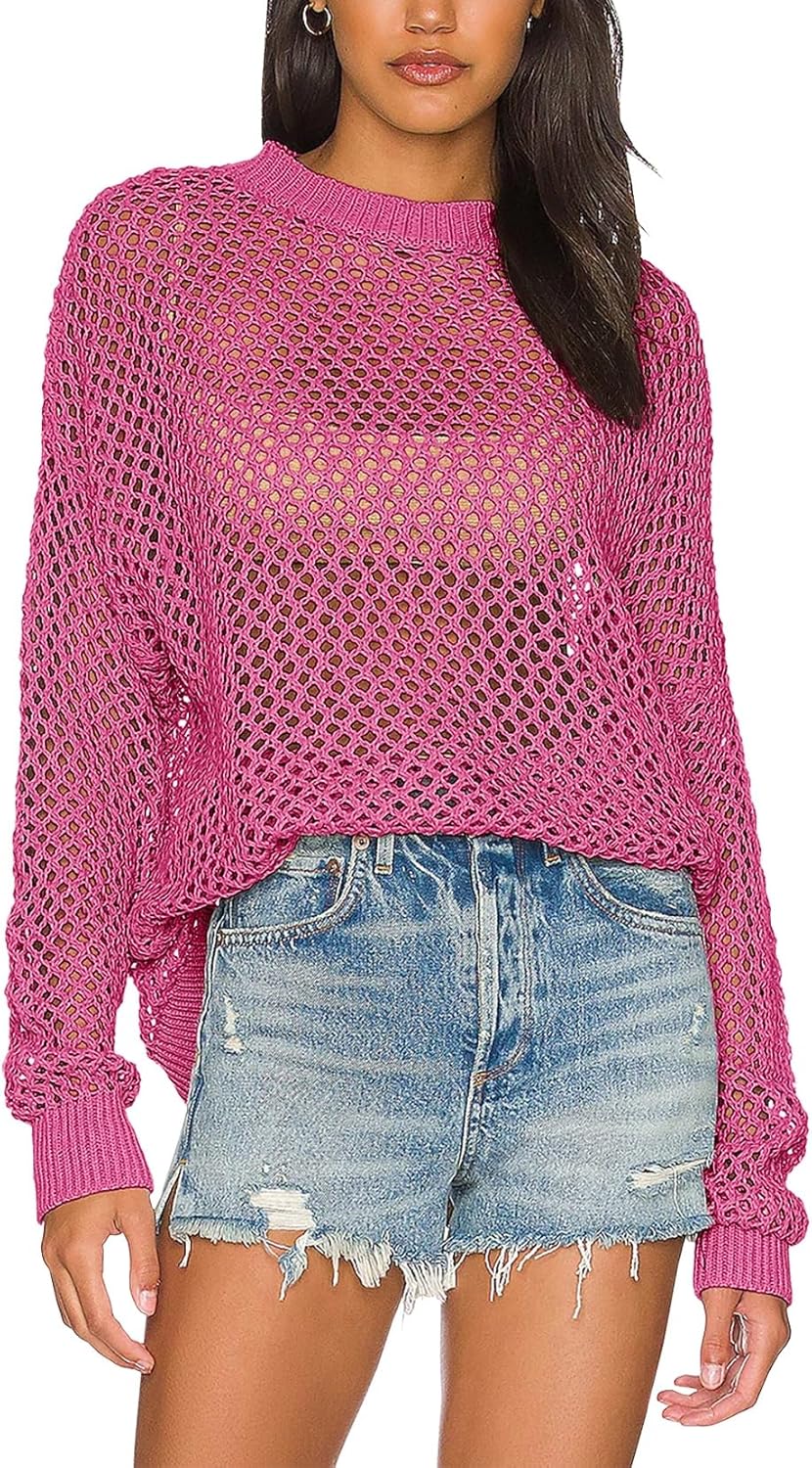 Ebifin Womens Crochet Tops Long Sleeve Beach Summer Sweater Crew Neck Mesh Cover Ups Bikini Swimsuit Tunic Pullover Tops