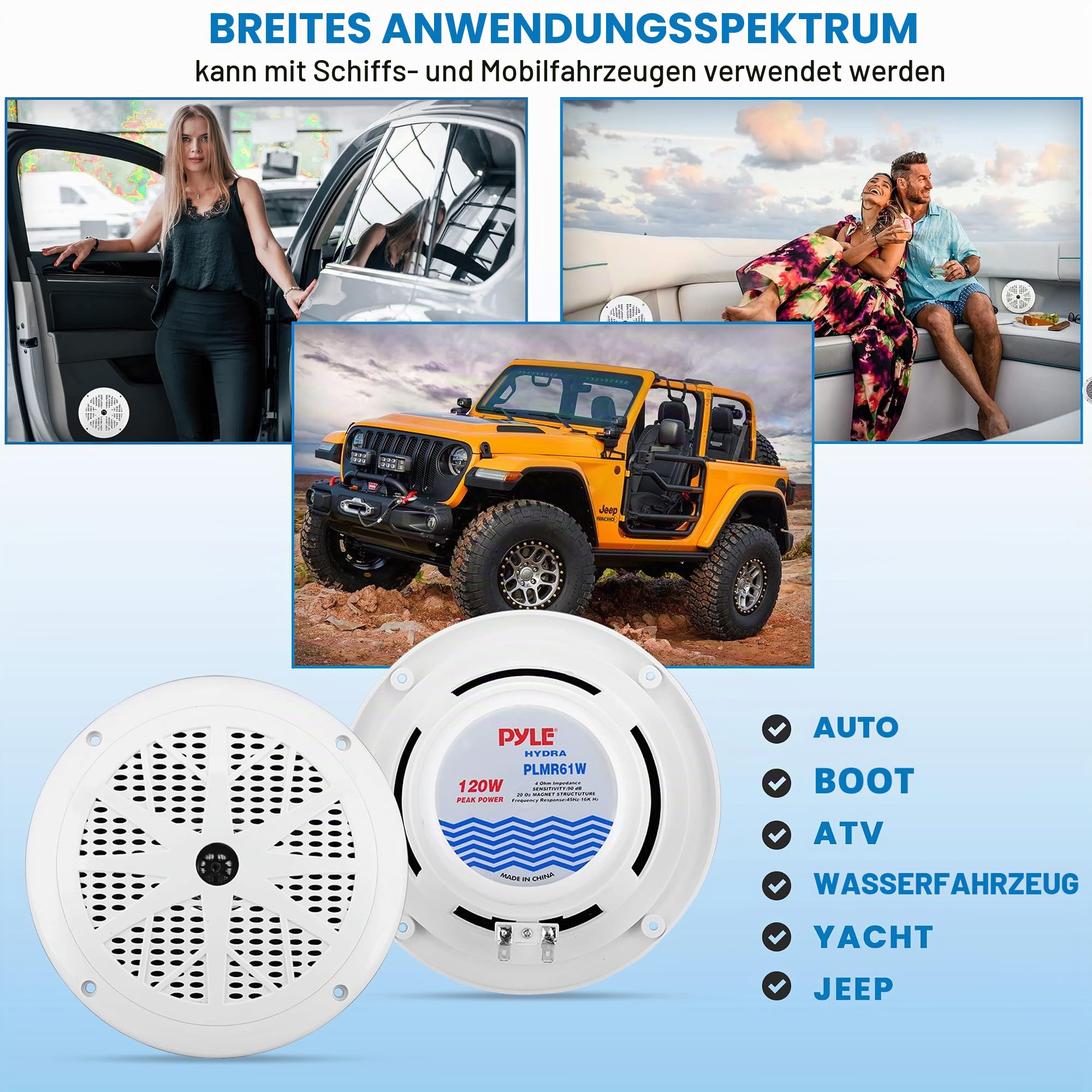 Pyle 16,5 cm Marine-Lautsprecher (2er-Set) – 2-Wege, wasserdicht & wetterfest, Outdoor-Stereoanlage mit 120 W, Polypropylen-Membran & Gewebesicke