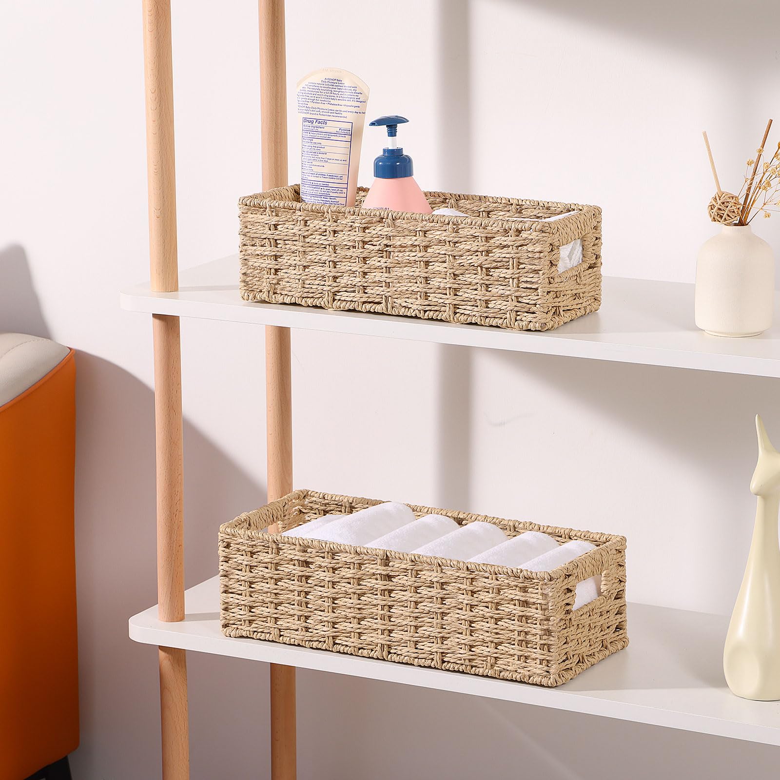 Panier Rangement Avec Poignées, pour Penderie, Salon, Dressing, Chambre, Ensemble de Deux, Grand 37×16.5×11cm, Petit 33×12.5×10cm, Naturel